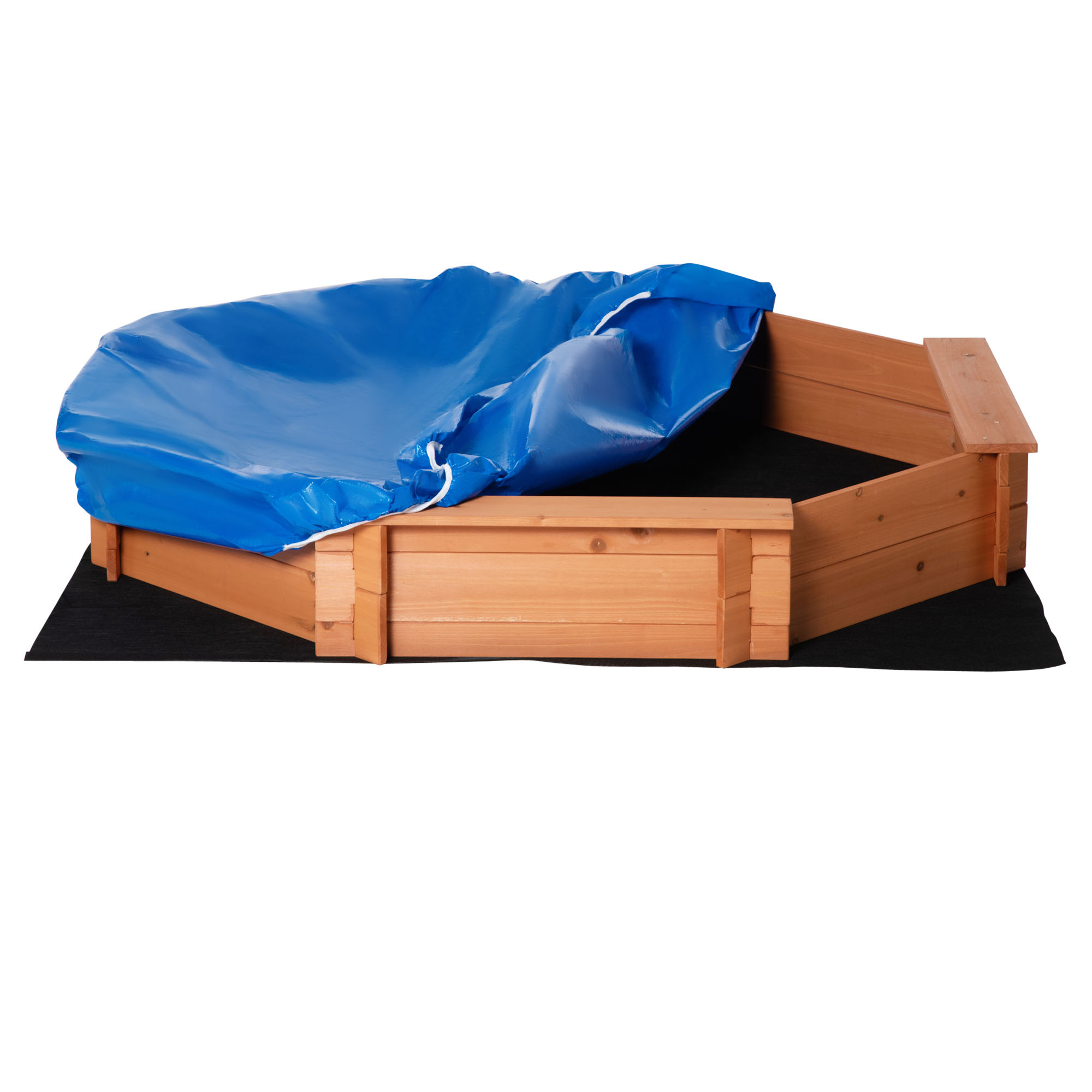 Sabbiera per bambini in legno con sedili e copertura, età 3-8 anni, 139.5x139.5x21.5cm - 
