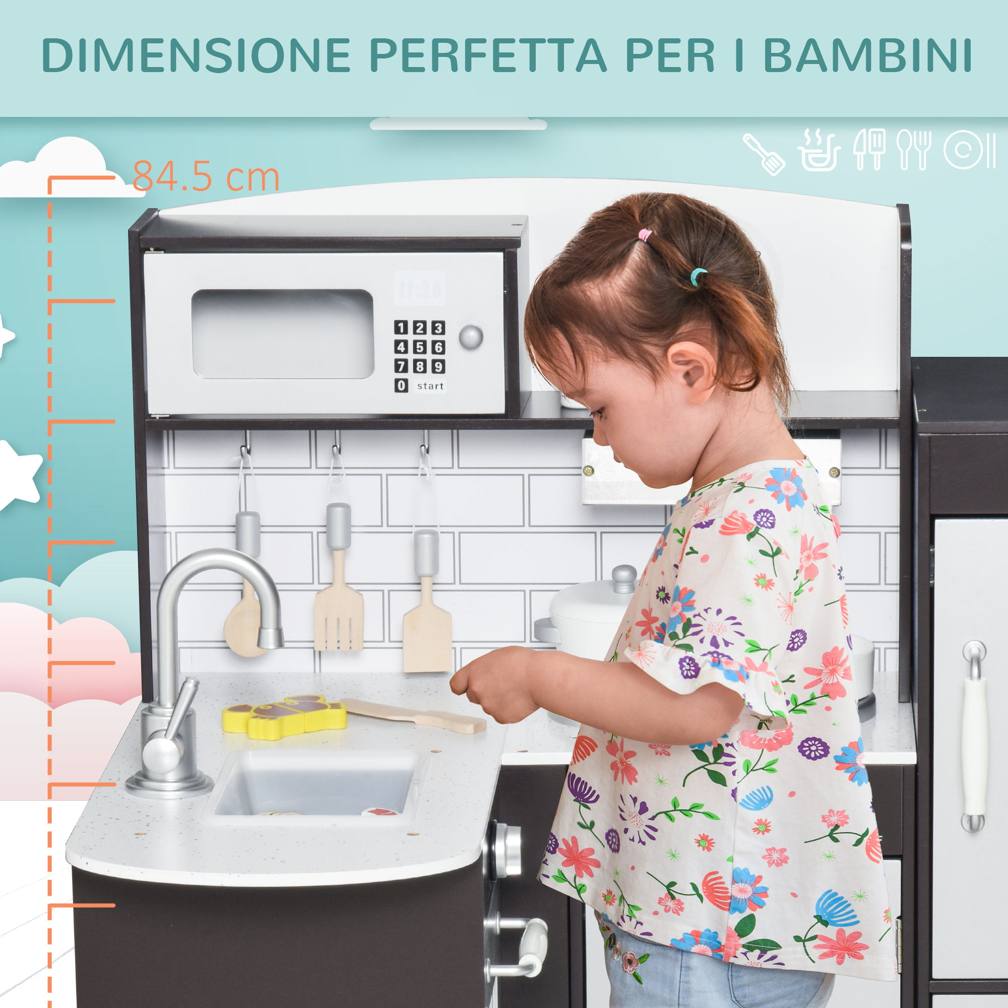 Cucina giocattolo per bambini in legno con 14 accessori, forno, lavandino, frigo e microonde, età 3+ anni, 86x64x84.5cm, argento e marrone - 
