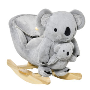 Cavallo a dondolo koala in peluche imbottita con suoni, cintura di sicurezza e base in legno, 60x33x50cm, grigio - 