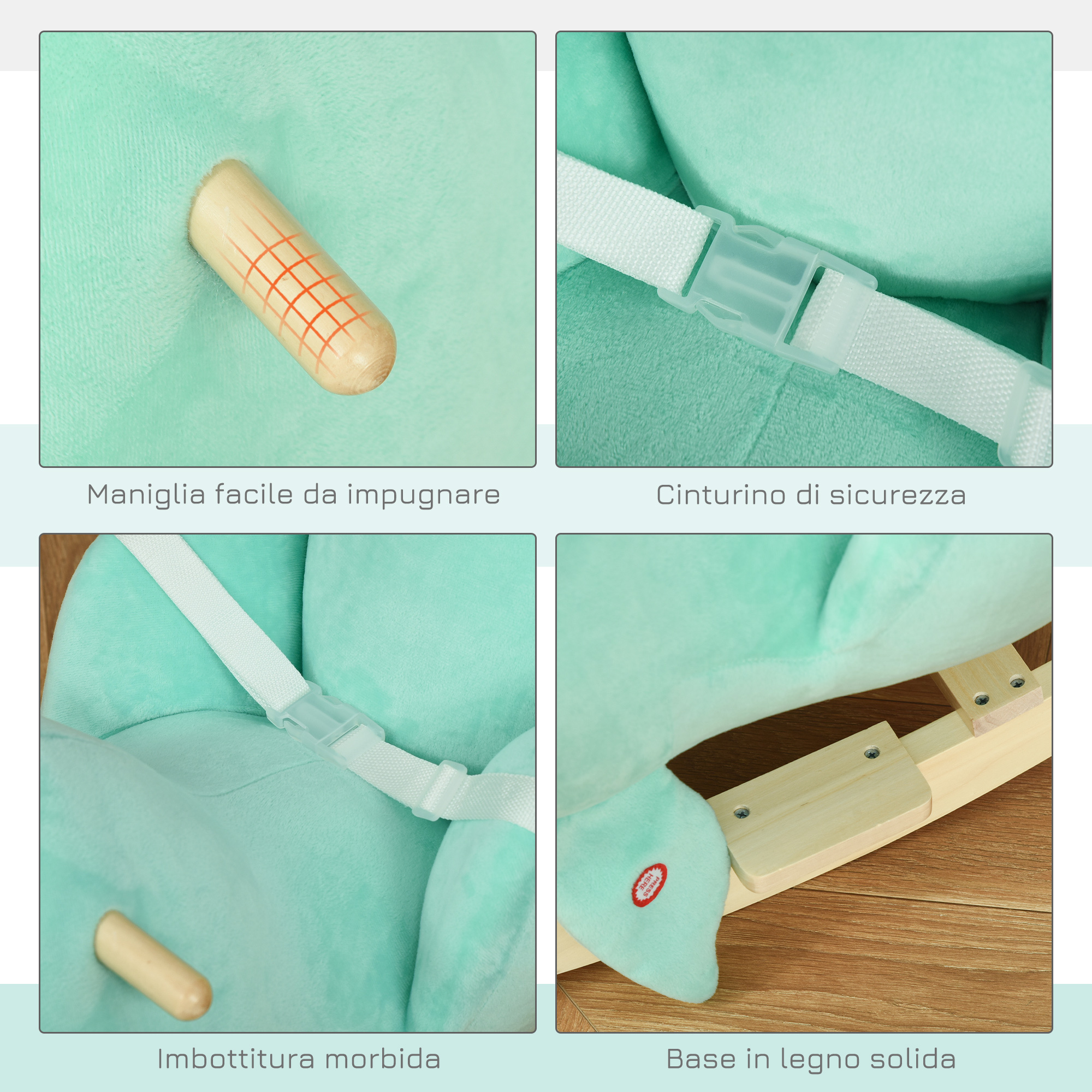 Cavallo a dondolo balena in peluche imbottita con suoni, cintura di sicurezza e base in legno, 60x33x50cm, verde - 