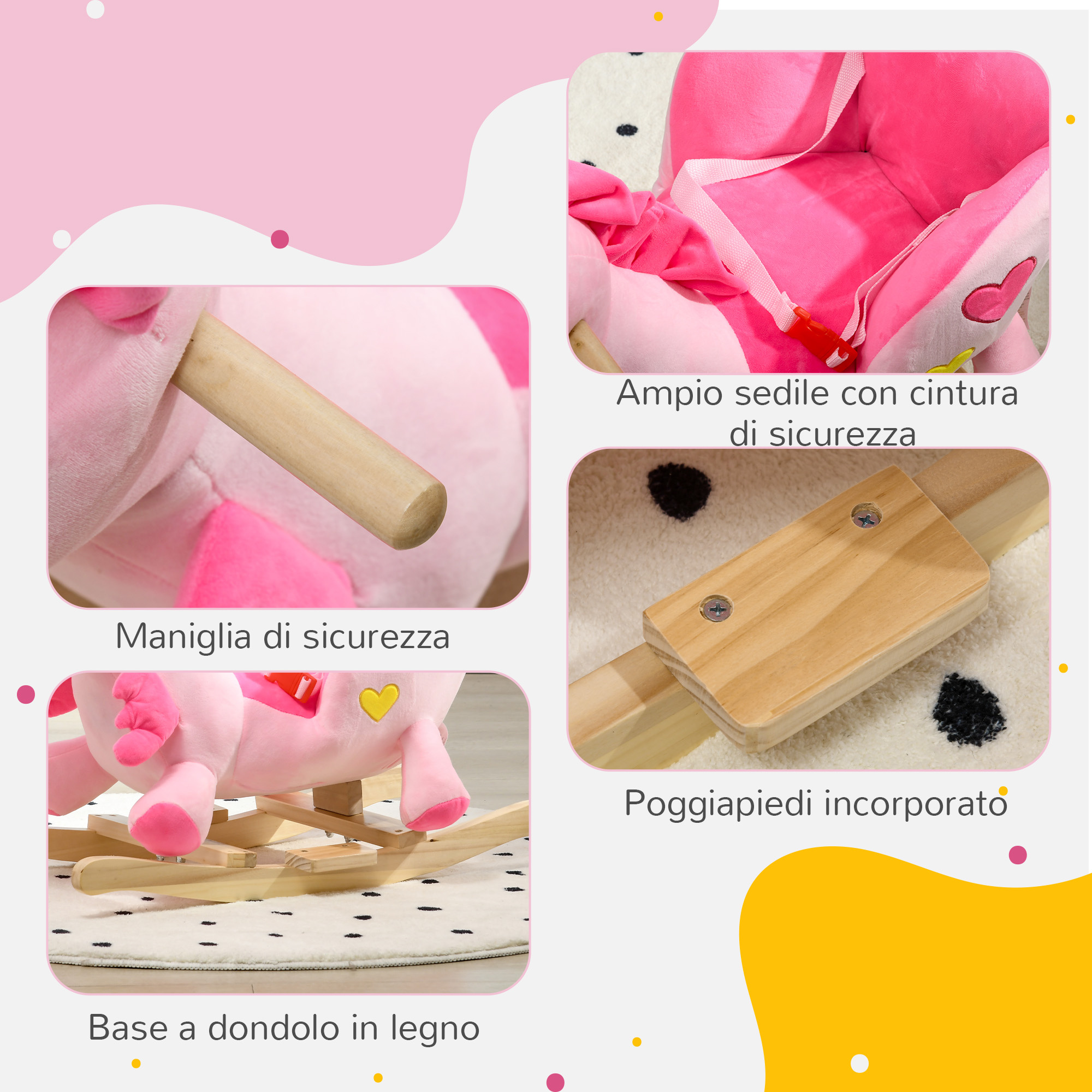 Cavallo a dondolo unicorno con 32 canzoni, base in legno e cintura di sicurezza, età 18-36 mesi, rosa - 