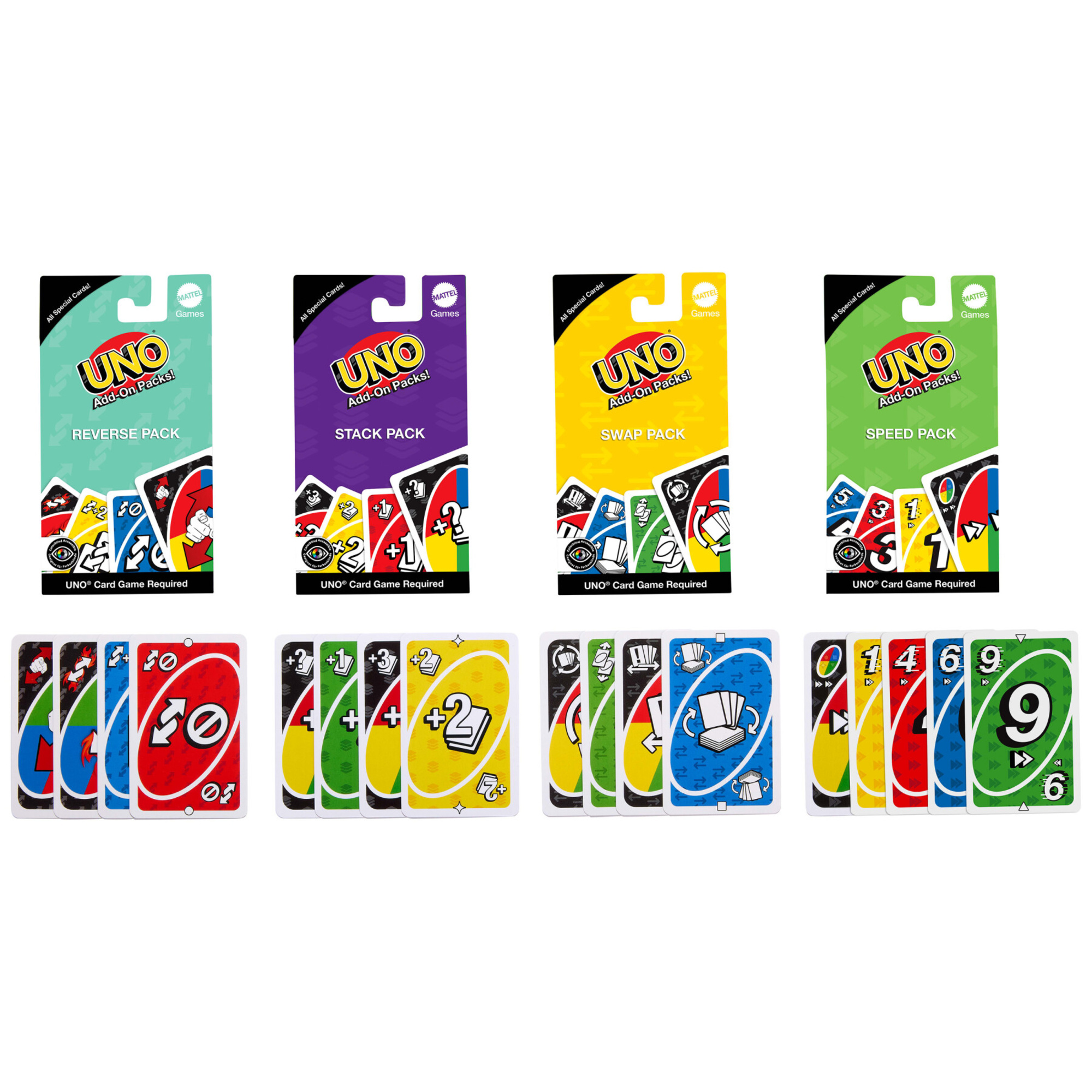 Mattel games - uno add-on packs singolo assortito, 16 carte speciali da utilizzare con il gioco uno, a tema cambia giro, impila, scambia o velocità - UNO