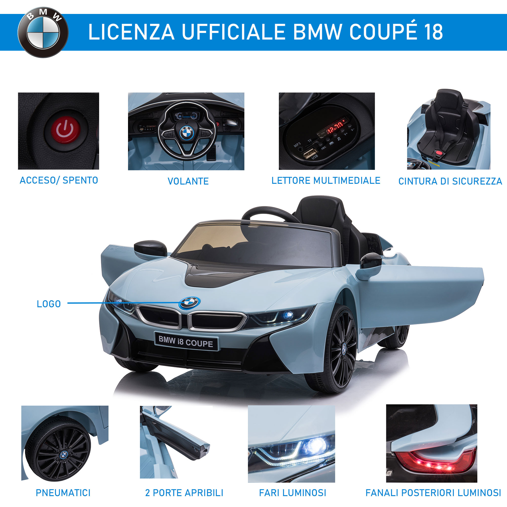 Macchina elettrica per bambini 3-8 anni licenza bmw i8 coupé con telecomando e 2 porte, 115x72.5x46 cm, blu - 