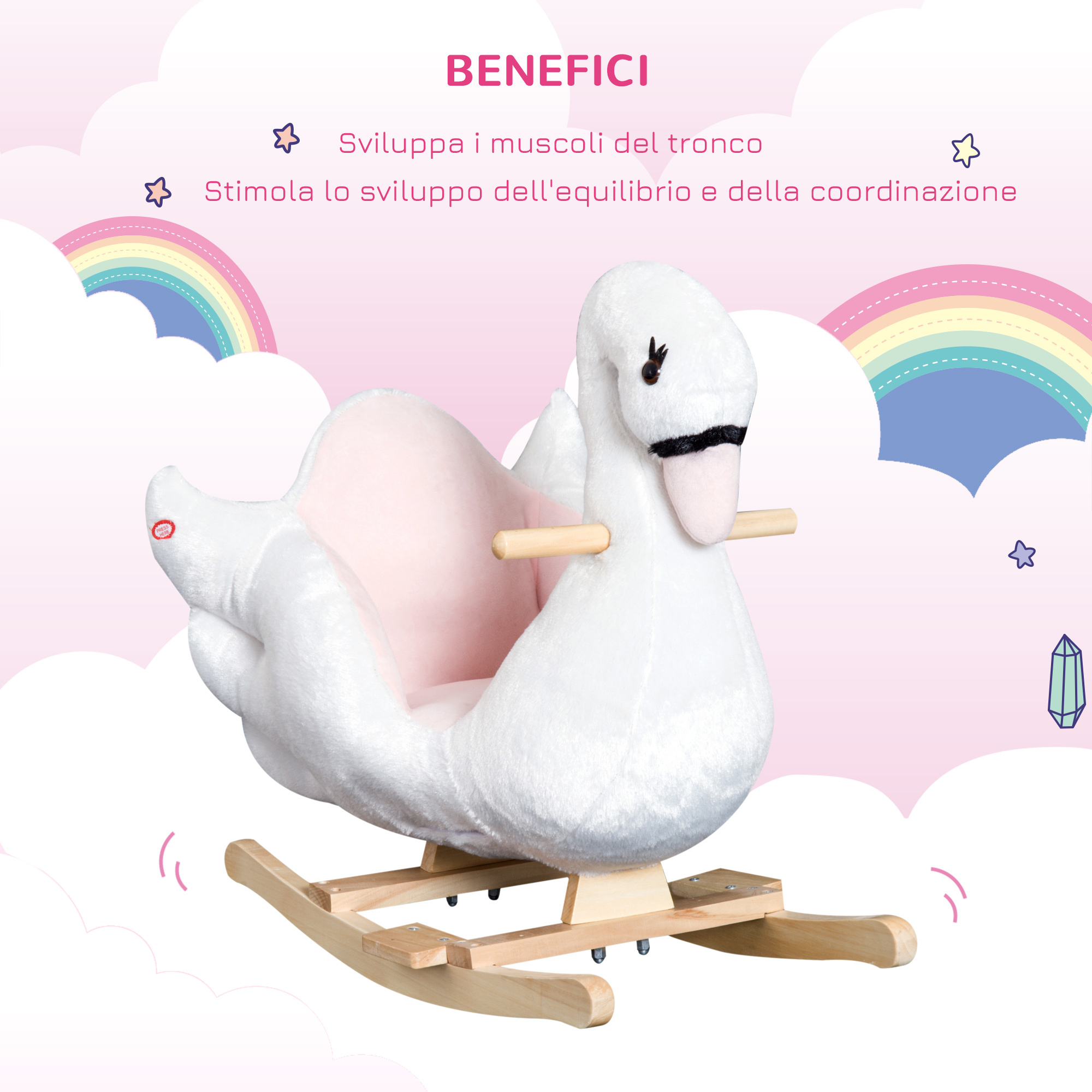 Cavallo a dondolo a forma di cigno con musica, struttura in metallo e legno, rivestimento peluche, 60x32x55cm, bianco - 