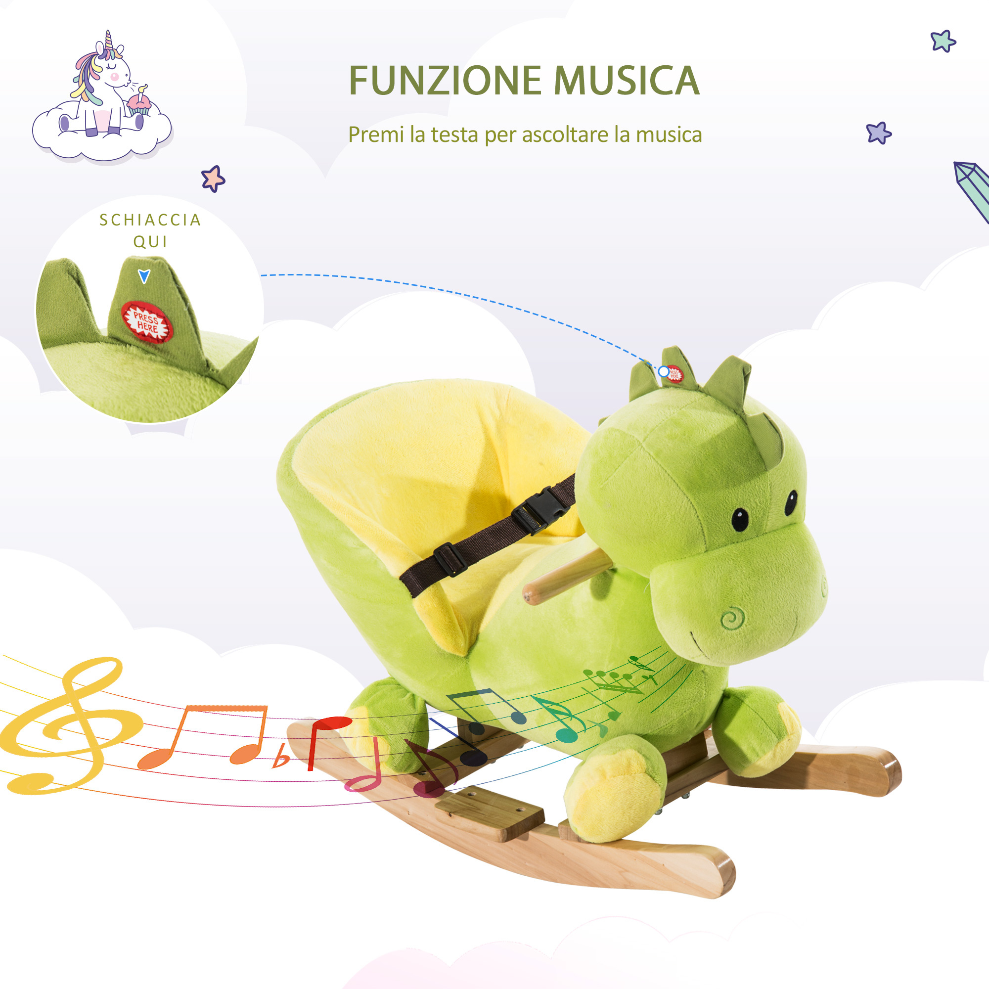 Cavallo a dondolo in legno dinosauro per i bambini 60x33x45cm - 