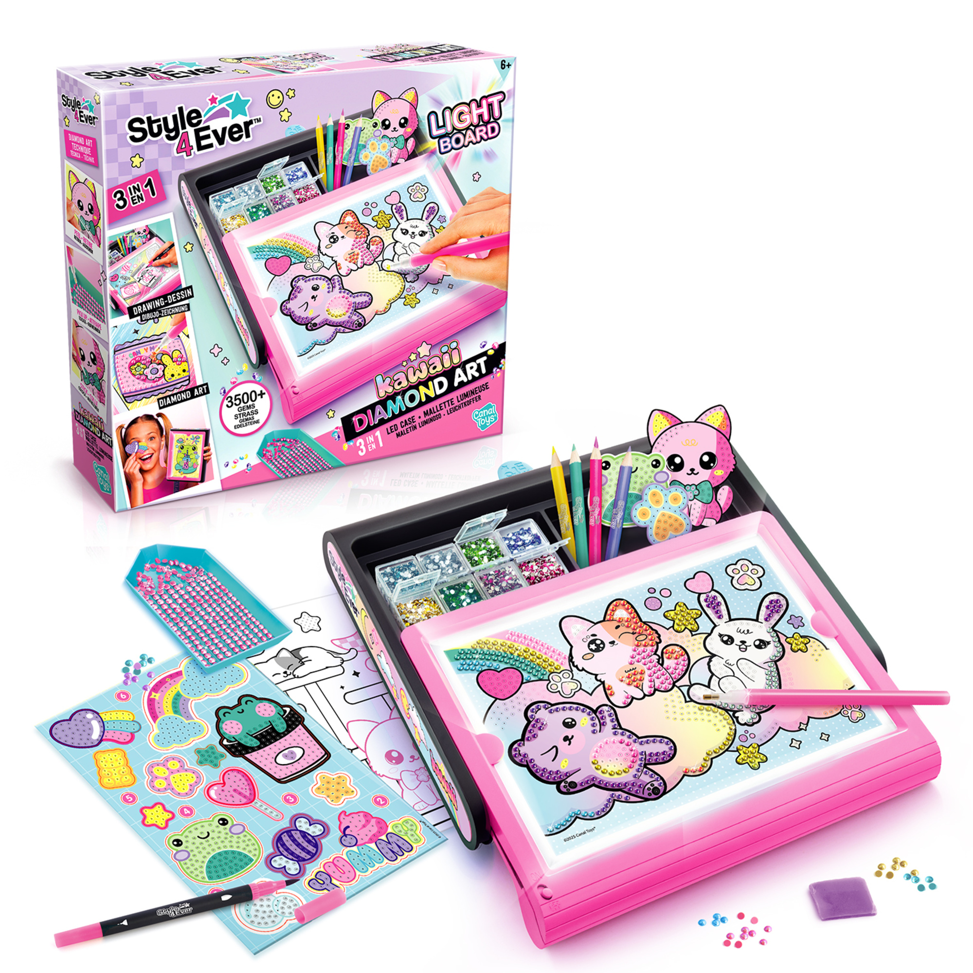 Tavola luminosa diamant’art kawaii 3 in 1 – set creativo con strass - 