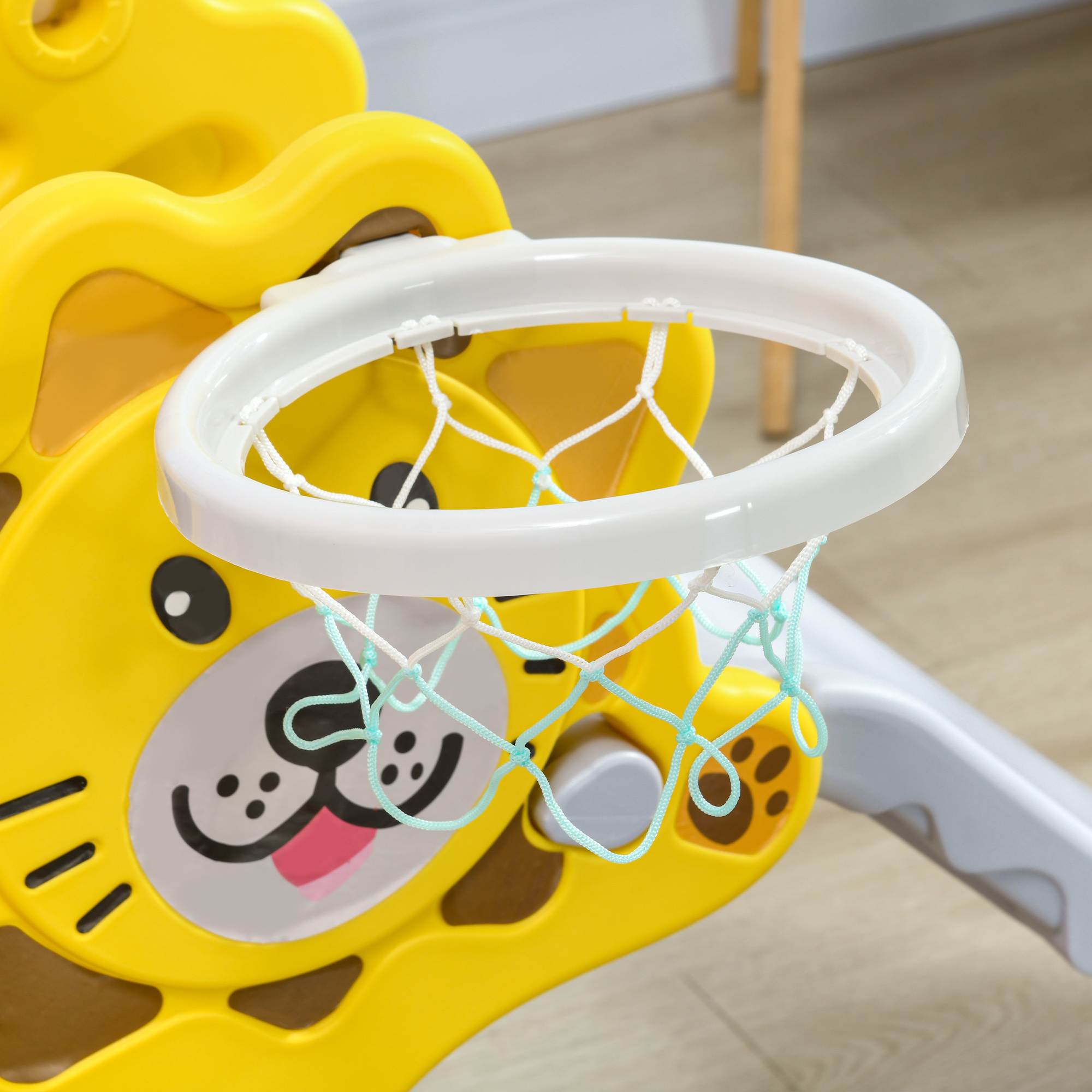 Scivolo per bambini 18-36 mesi con canestro da basket laterale in pe, 131x50x74 cm, giallo e grigio - 