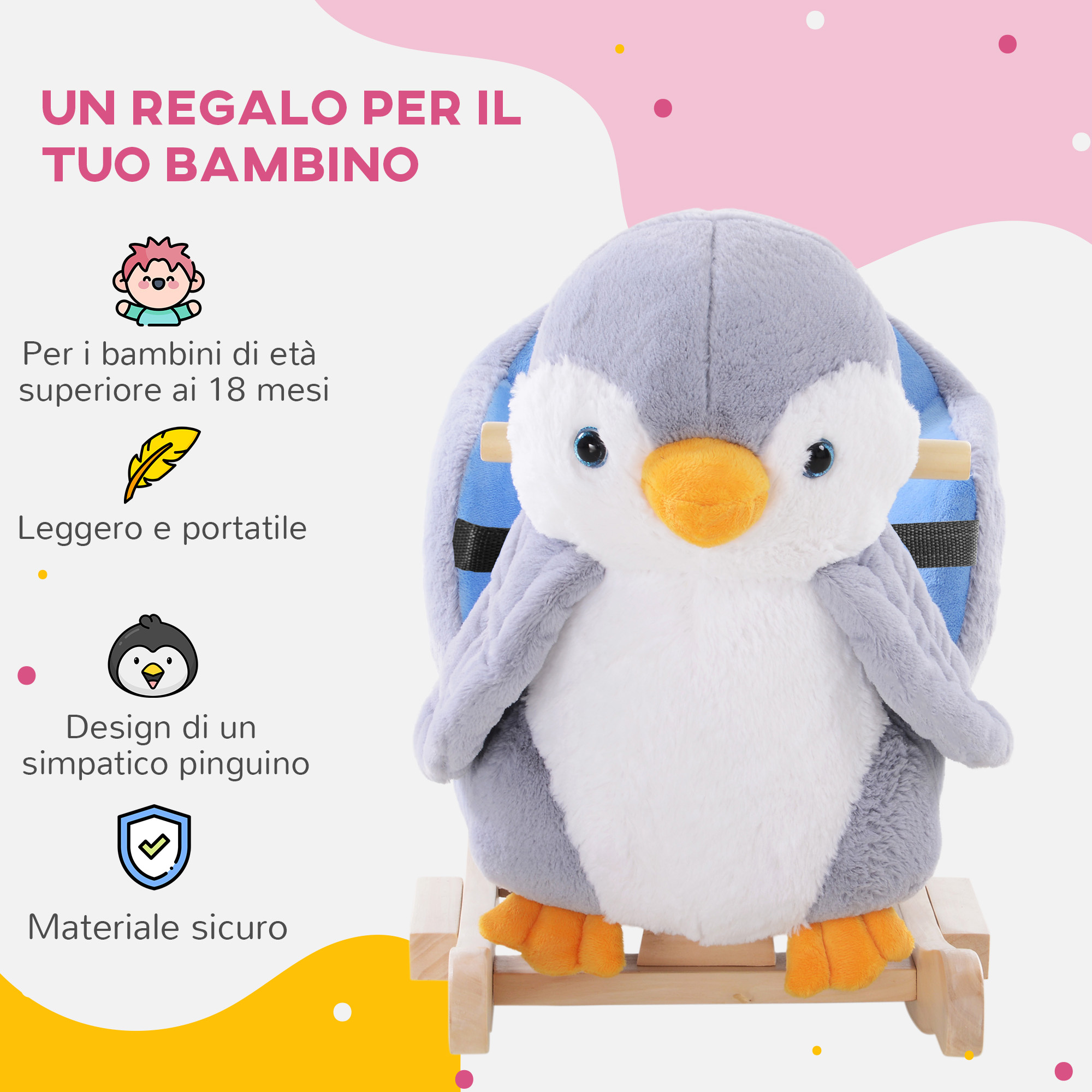 Cavallo a dondolo a pinguino in peluche con 32 musiche e cintura di sicurezza, età 18 mesi - 