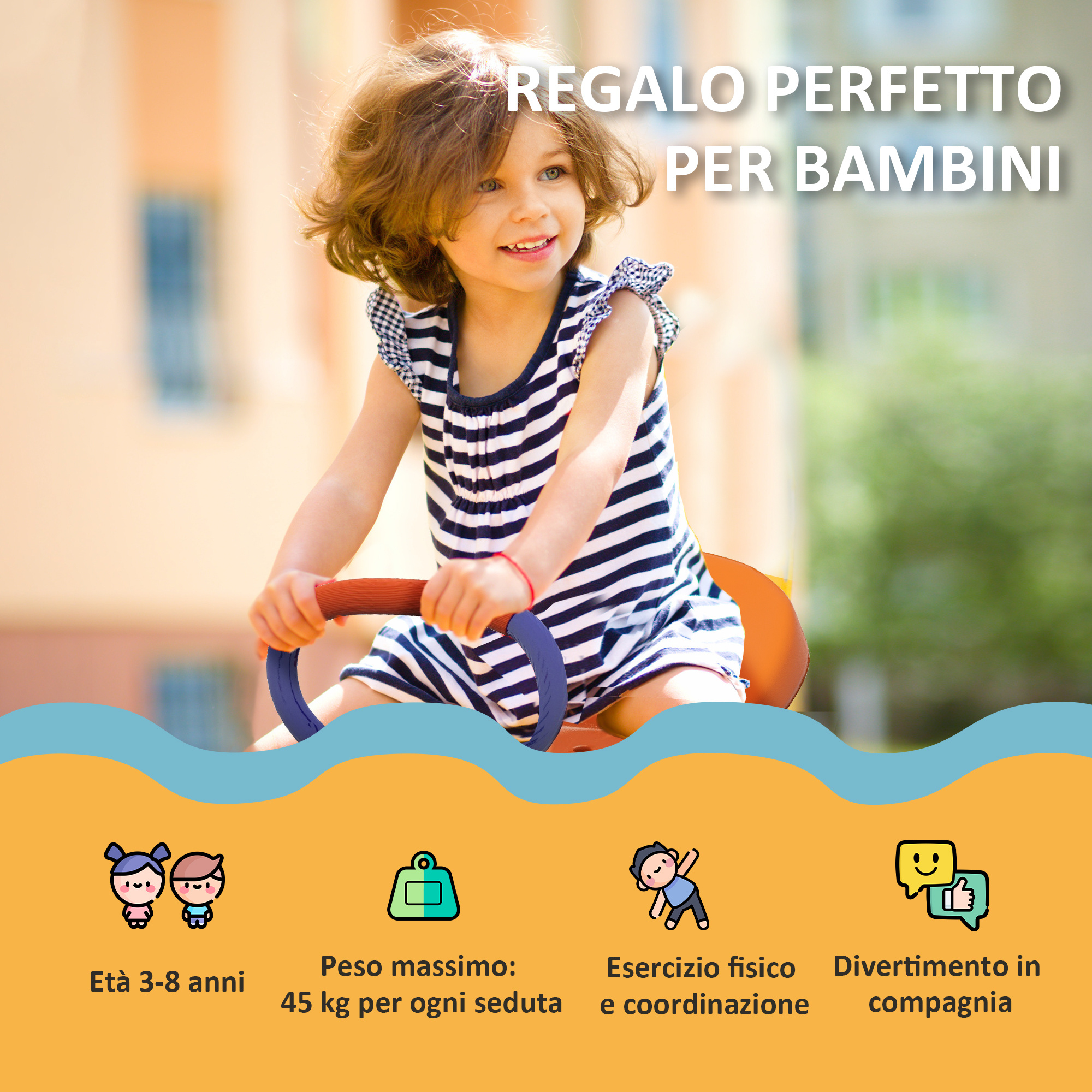 Altalena a bilico per bambini 3-8 anni con rotazione a 360°, in acciaio e pp, 192x60x60 cm - 