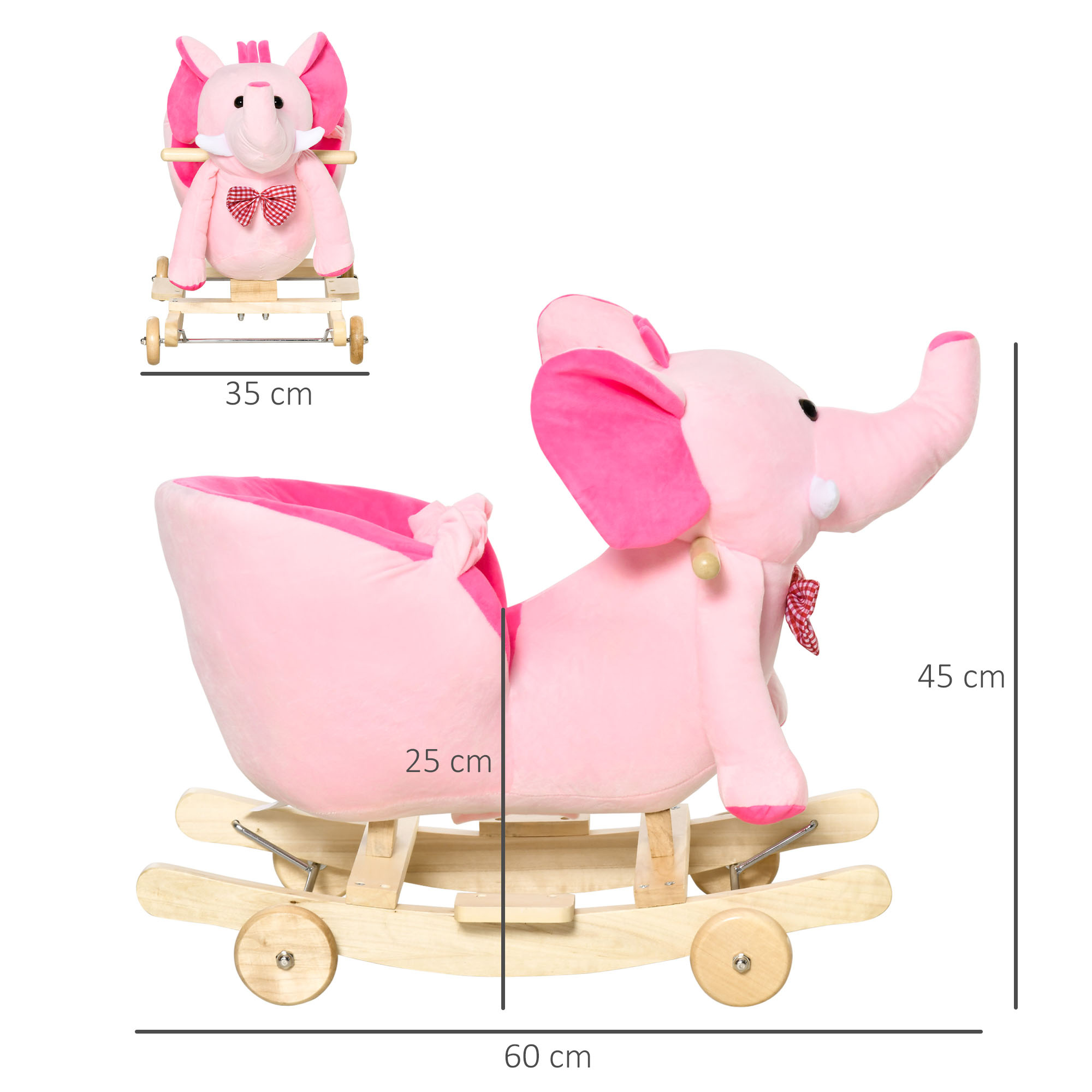 Animale a dondolo a forma di elefante con rotelle e cintura, in peluche, legno e acciaio, 60x35x45 cm, rosa - 