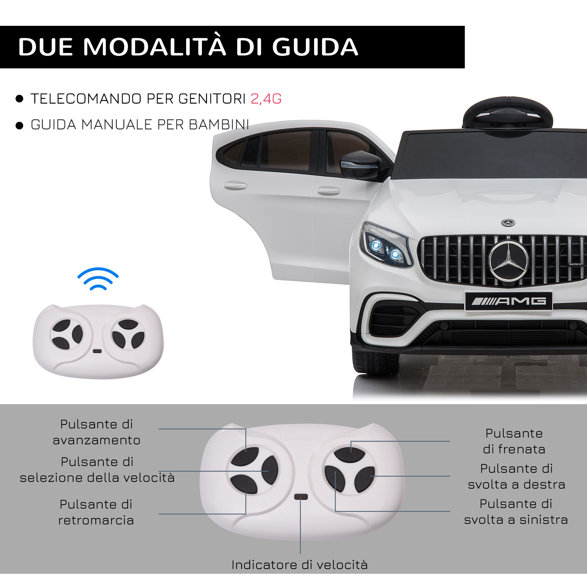 Macchina elettrica per bambini 3-5 anni mercedes con cintura di sicurezza e telecomando, bianco - 