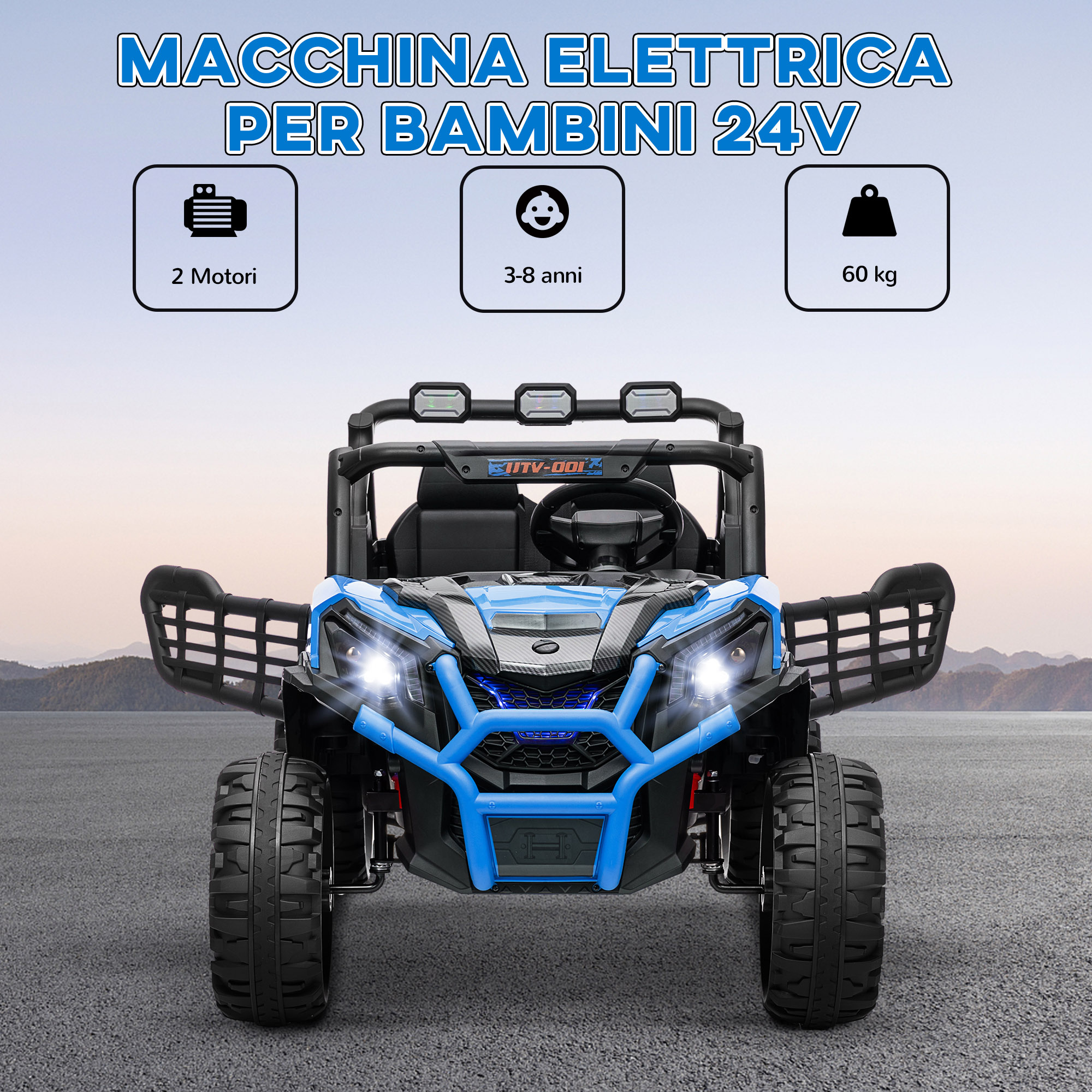 Macchina elettrica per bambini 24v a 2 posti con telecomando e 3 velocità, età 3-8 anni, blu - 