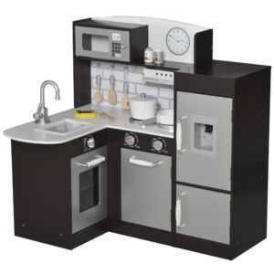 Cucina giocattolo per bambini in legno con 14 accessori, forno, lavandino, frigo e microonde, età 3+ anni, 86x64x84.5cm, argento e marrone - 