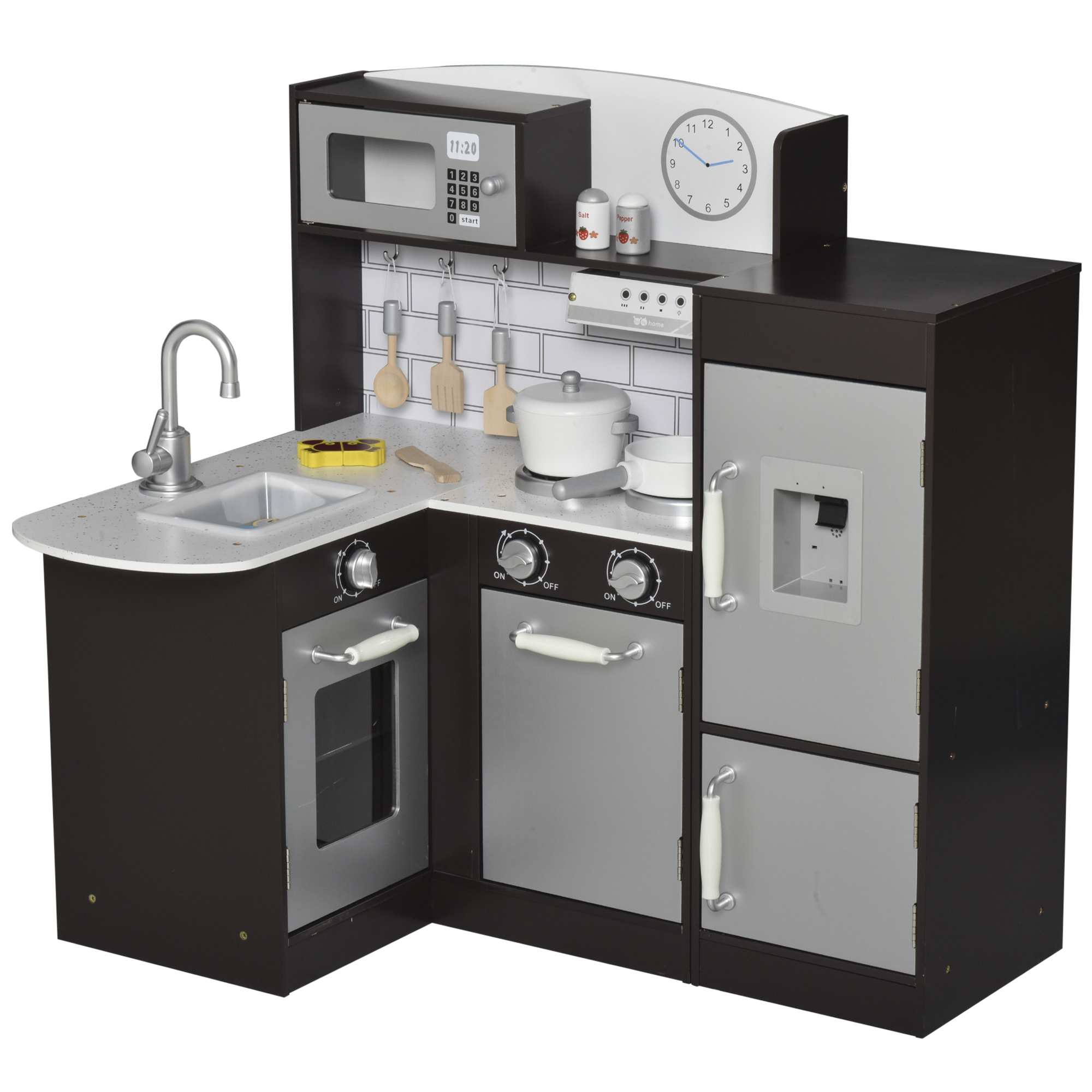 Cucina giocattolo per bambini in legno con 14 accessori, forno, lavandino, frigo e microonde, età 3+ anni, 86x64x84.5cm, argento e marrone - 