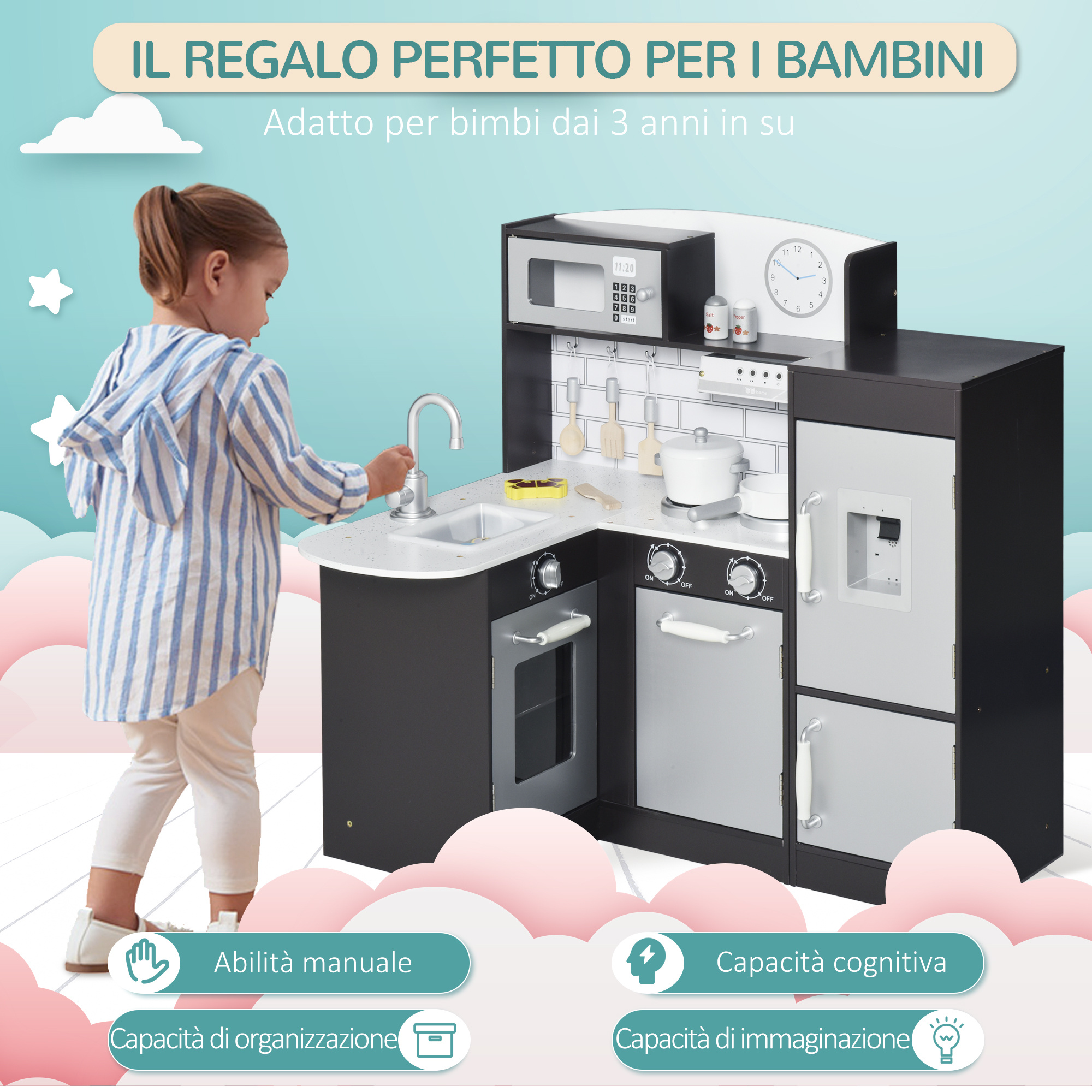 Cucina giocattolo per bambini in legno con 14 accessori, forno, lavandino, frigo e microonde, età 3+ anni, 86x64x84.5cm, argento e marrone - 
