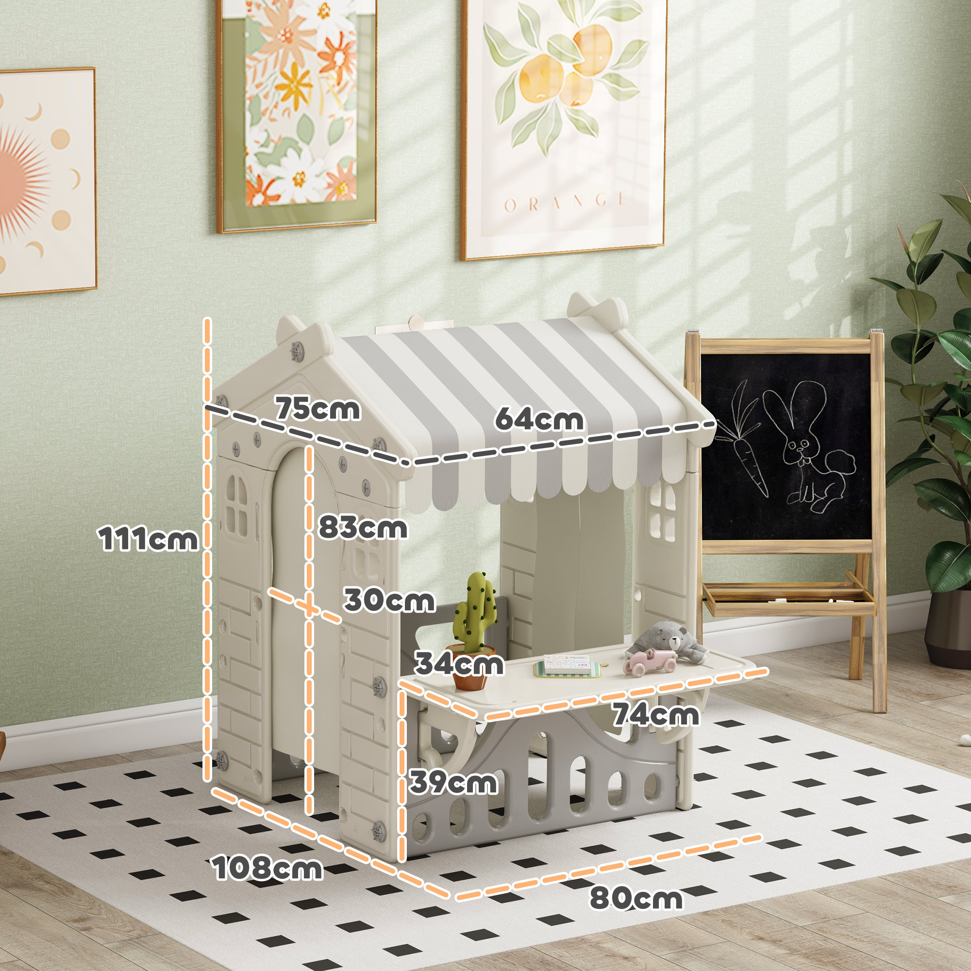 Casetta per bambini 1-6 anni da interno con porte, finestre e bancone da negozio, crema - 