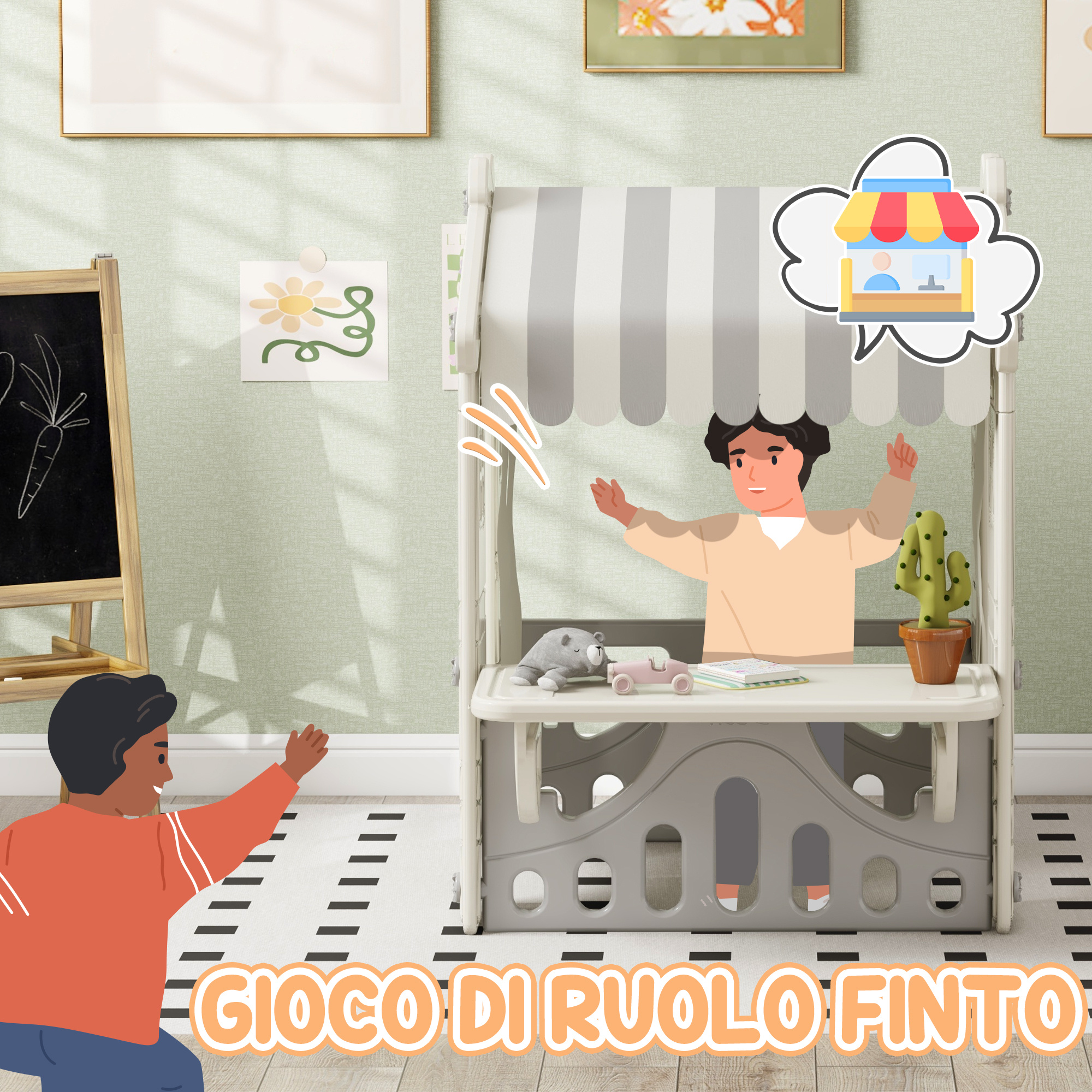 Casetta per bambini 1-6 anni da interno con porte, finestre e bancone da negozio, crema - 