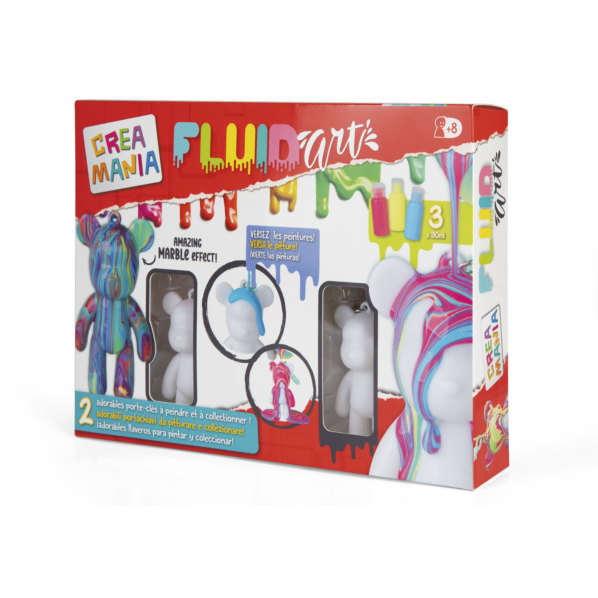 Fluid art kit portachiavi – 2 orsetti da decorare con colori acrilici - CREA MANIA