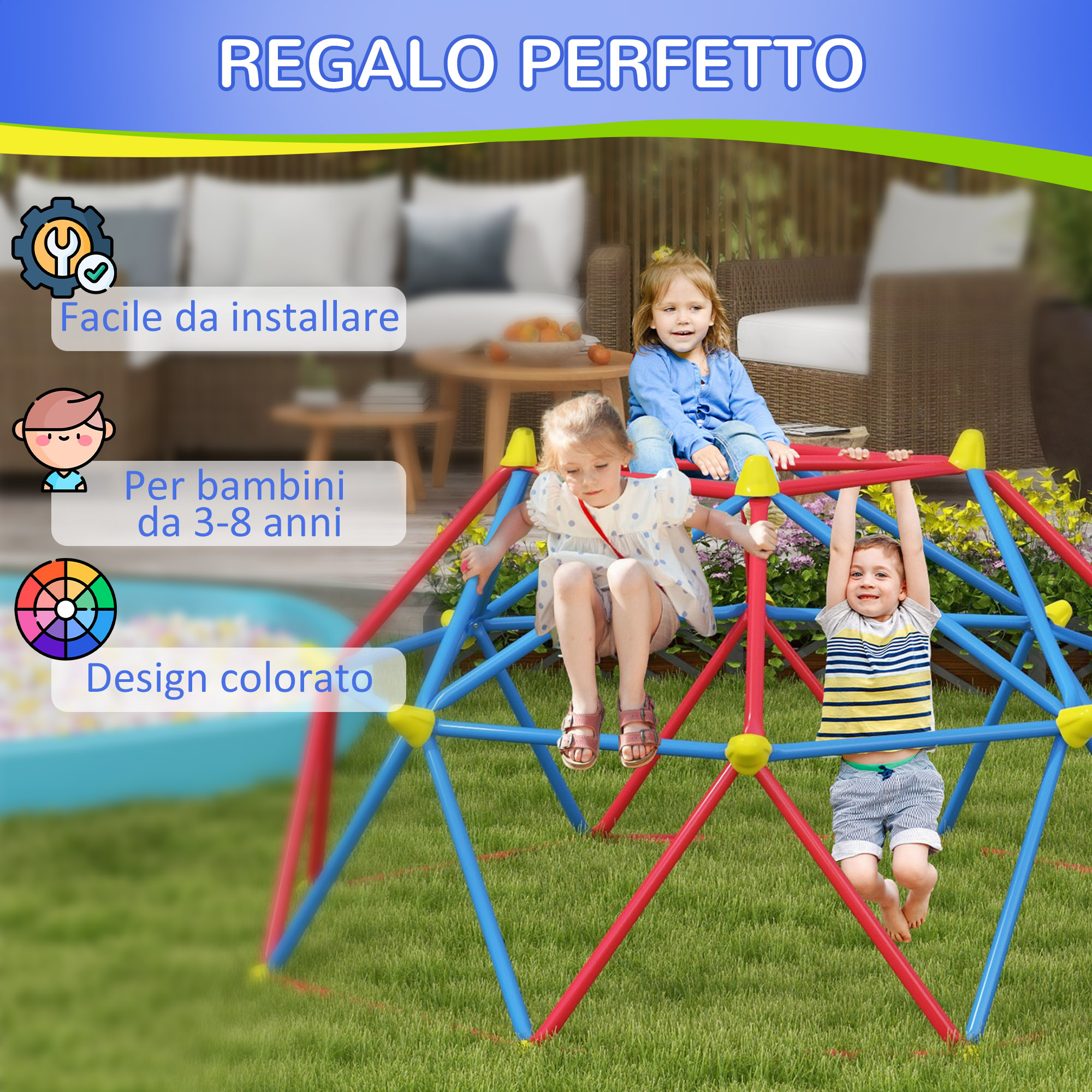 Cupola per arrampicata bambini 3-8 anni, struttura in metallo per 4 bimbi, ø183x90cm, multicolore - 