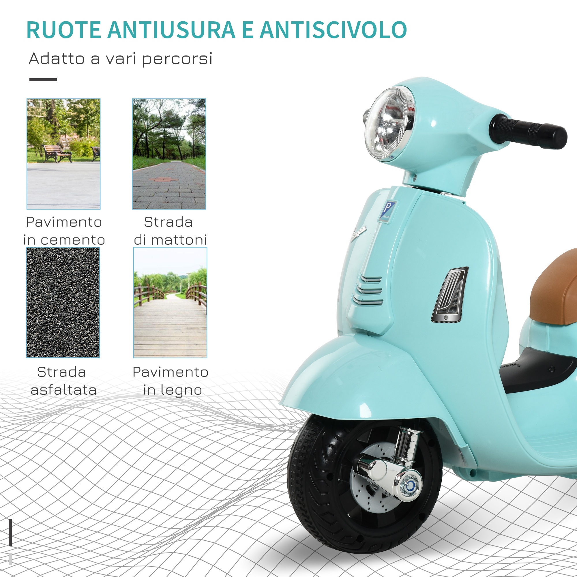 Moto elettrica per bambini con licenza ufficiale vespa batteria 6v, fari e clacson, per bimbi da 18-36 mesi, verde, 66.5x38x52cm - 