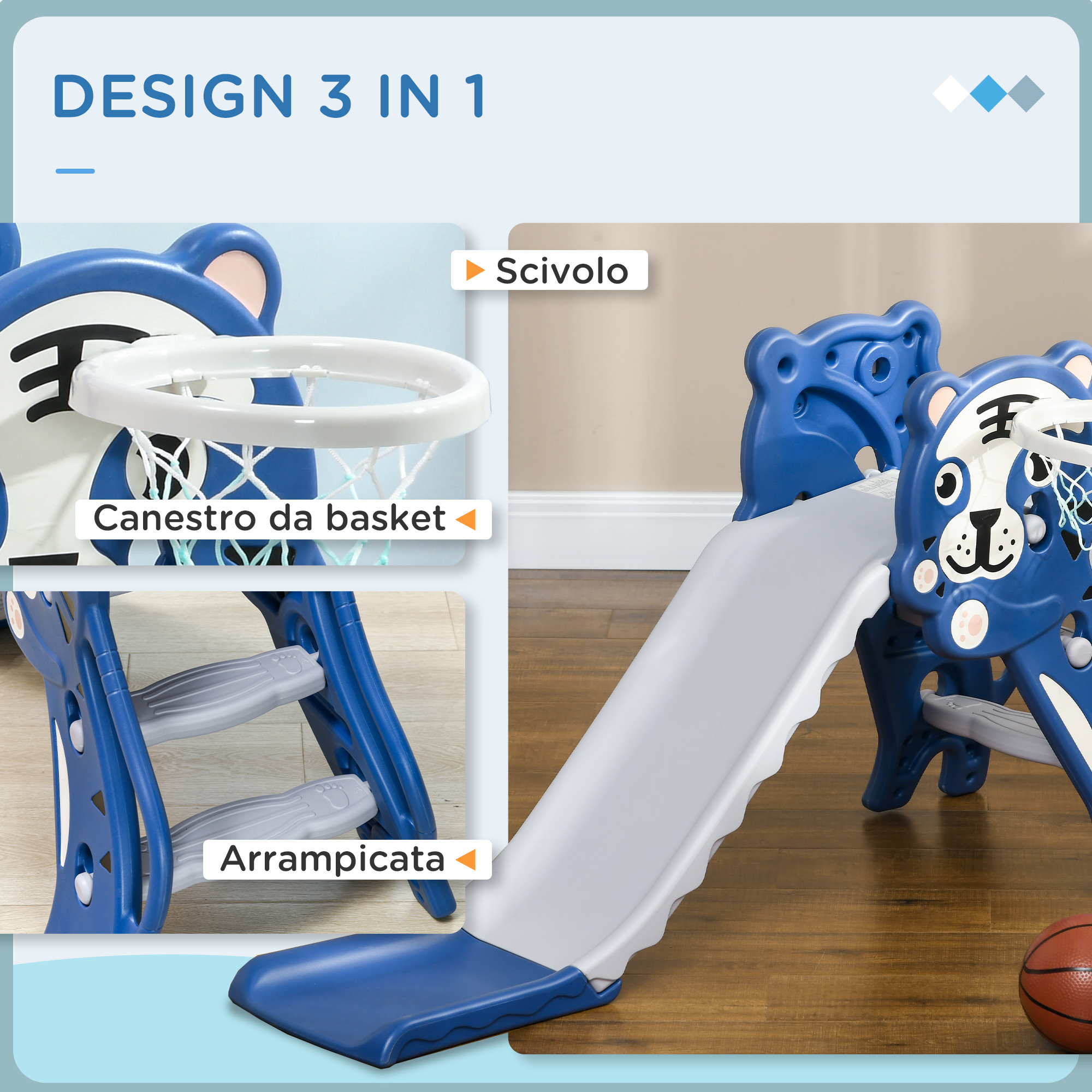 Scivolo per bambini 18-36 mesi con canestro da basket laterale in pe, 133x60x70 cm, blu e grigio - 