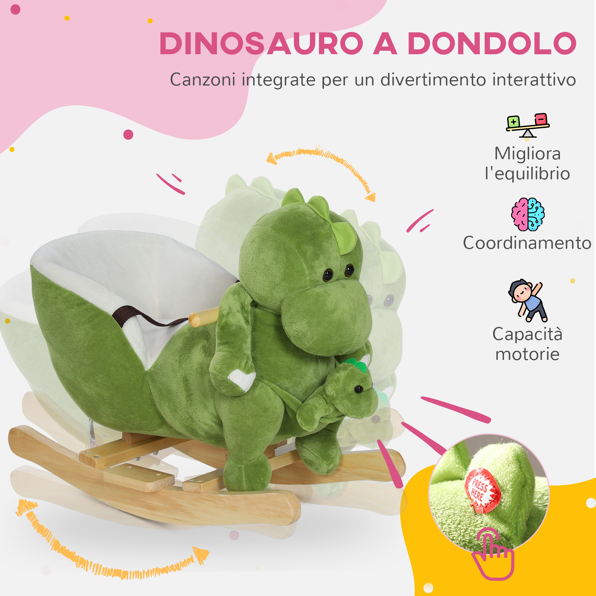 Cavallo a dondolo per bambini 18-36 mesi a dinosauro con suoni e rivestimento morbido, verde - 