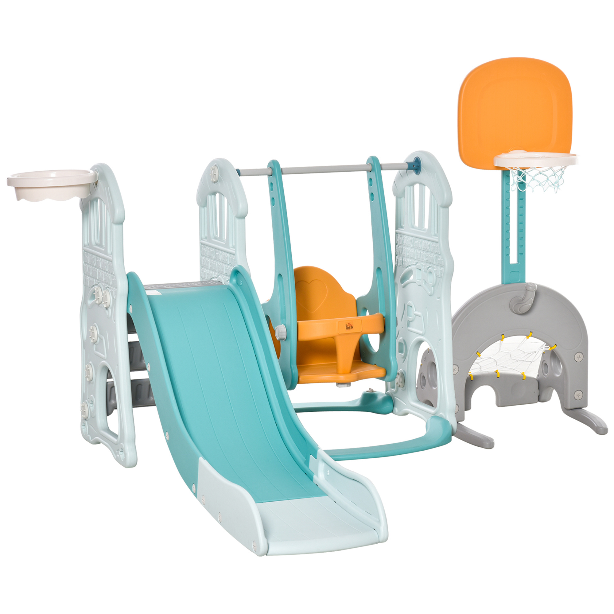 Scivolo per bambini 4 anni max con altalena, canestro, porta e anelli, in hdpe e pp, 210x186x133 cm - 