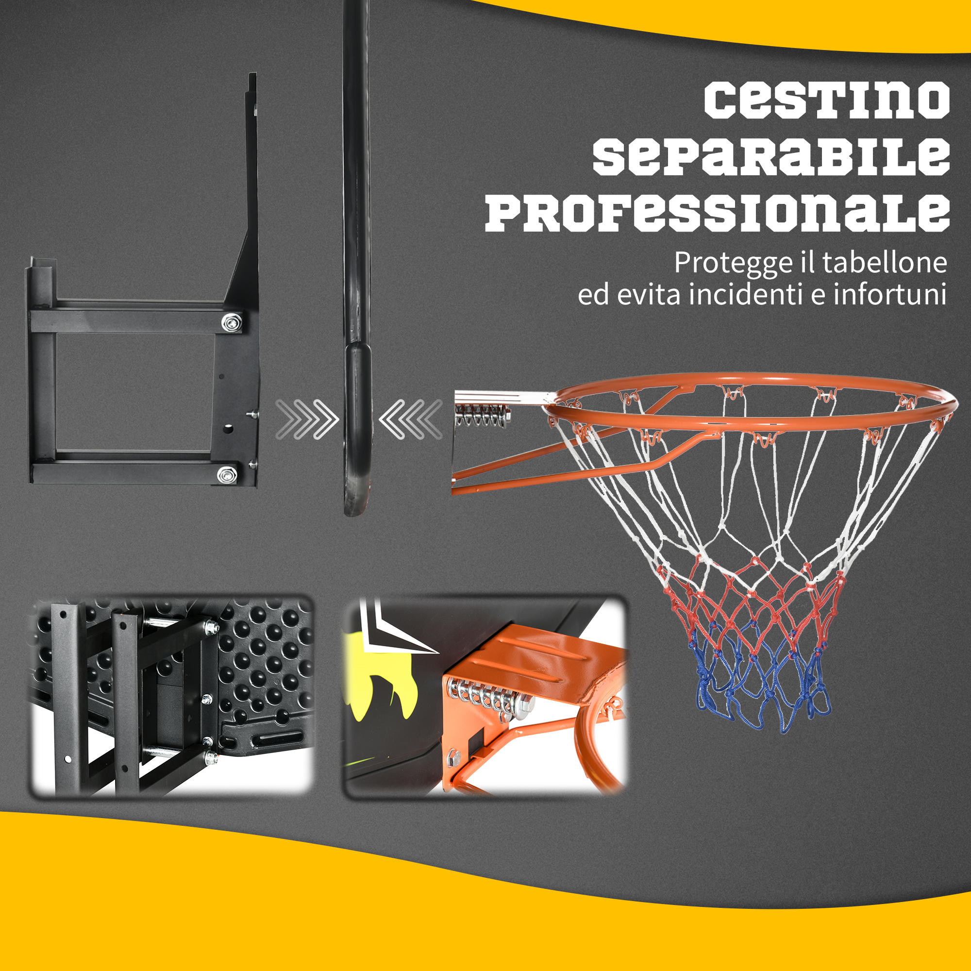 Canestro basket per bambini e adulti da indoor e outdoor in acciaio e pe, 110x90x70 cm, nero e giallo - 