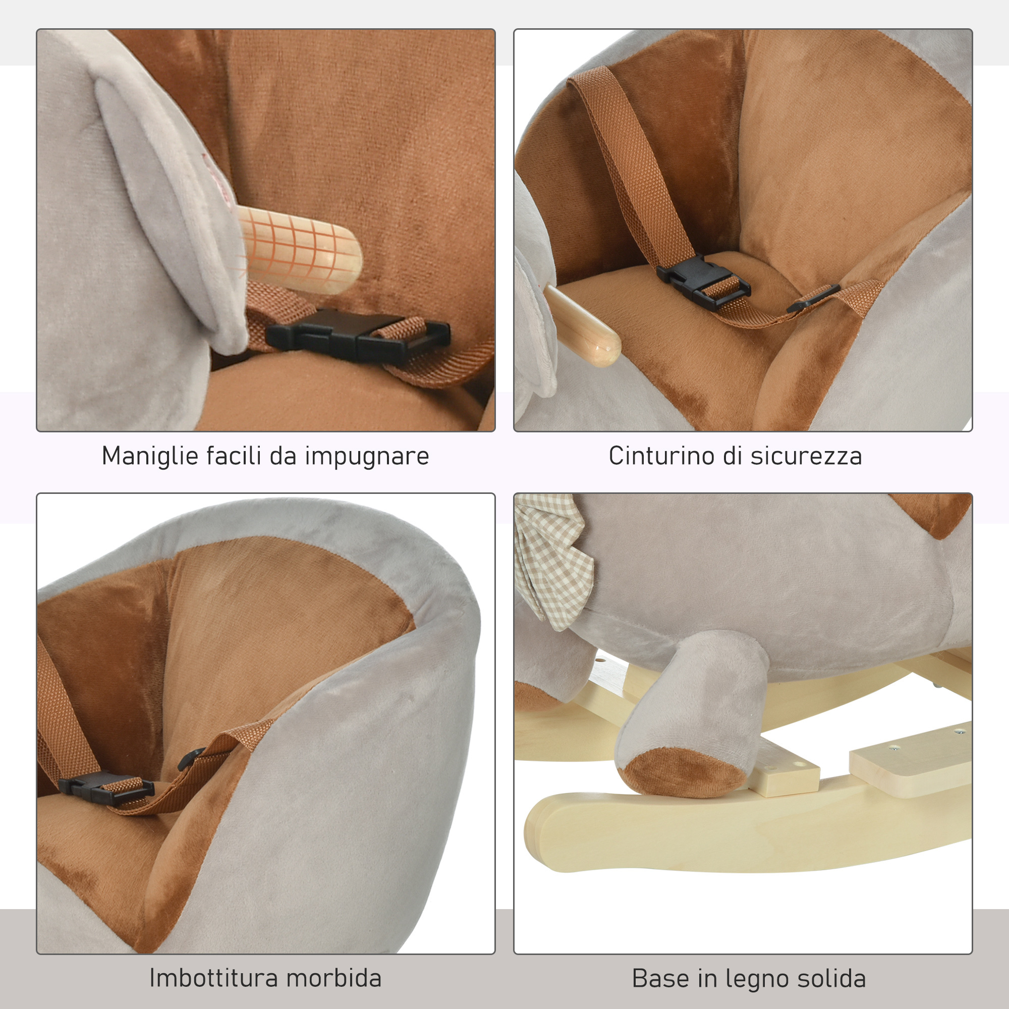 Cavallo a dondolo a forma di orso con suoni, cavalluccio a dondolo per bambini 18-36 mesi interattivo, grigio, 60x33x50cm - 