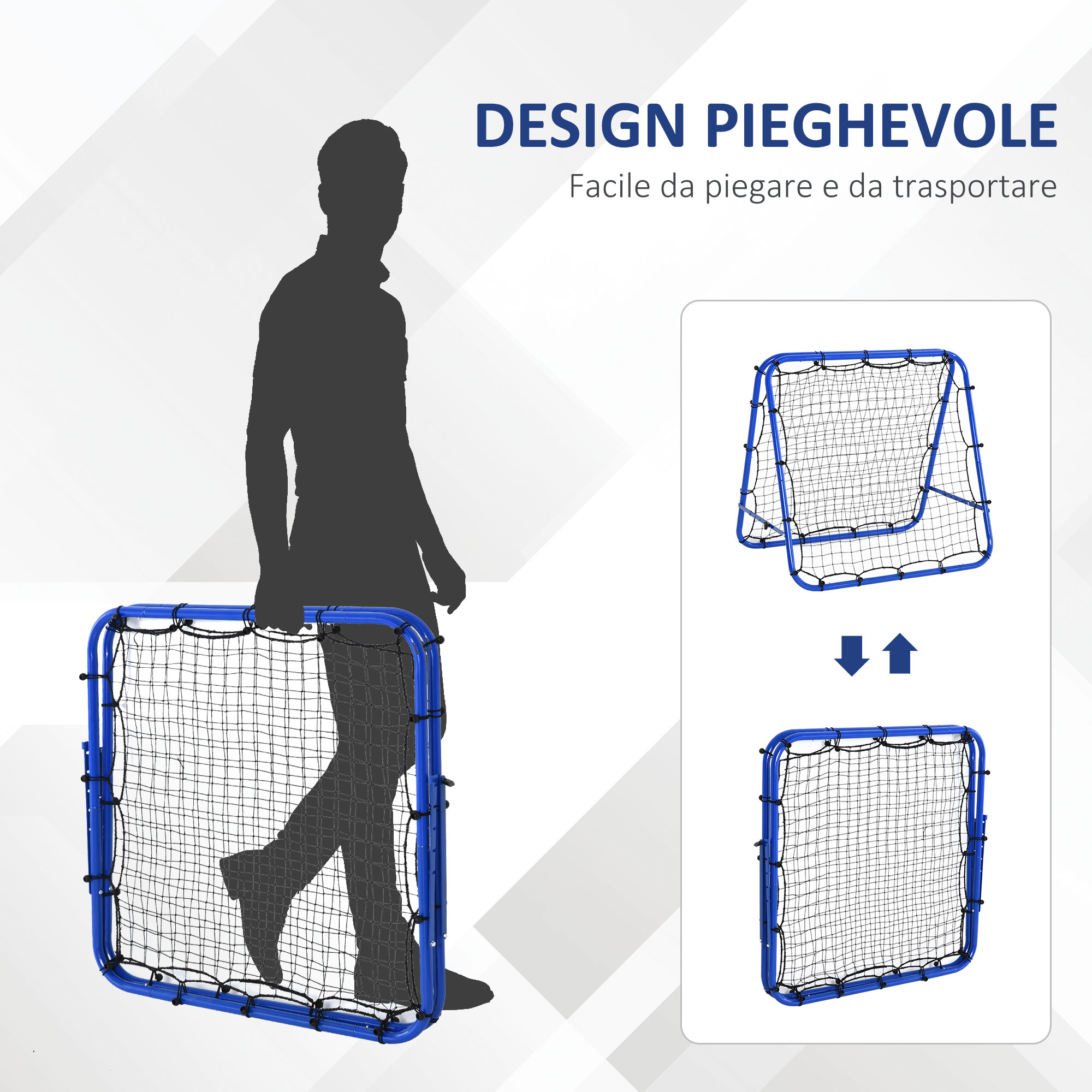 Rete da calcio rebounder pieghevole con angolo regolabile e picchetti, 100x95x90 cm, blu - 