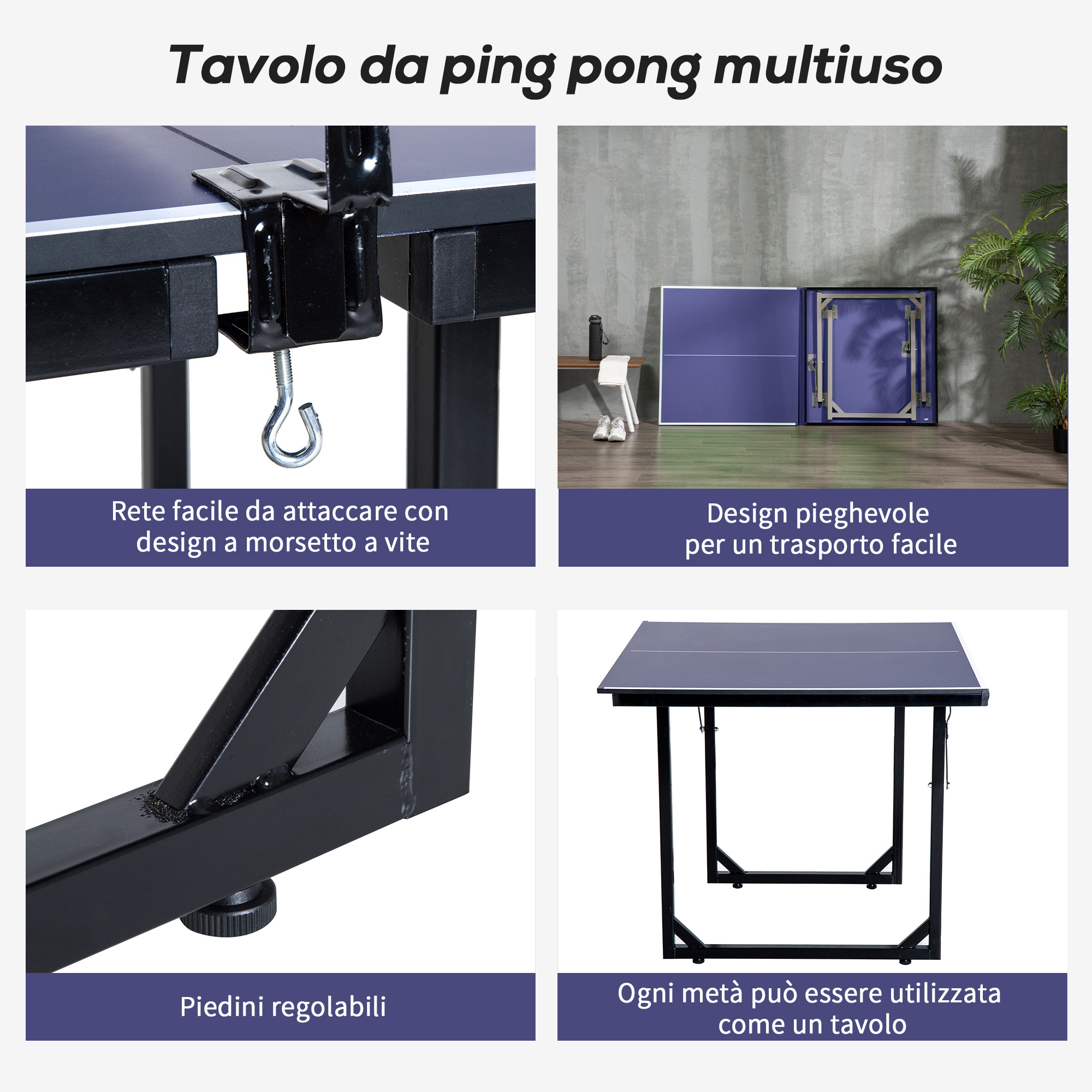 Tavolo da ping pong pieghevole e salvaspazio con rete da gioco per interno, in acciaio e mdf, 182x91x76cm, blu - 