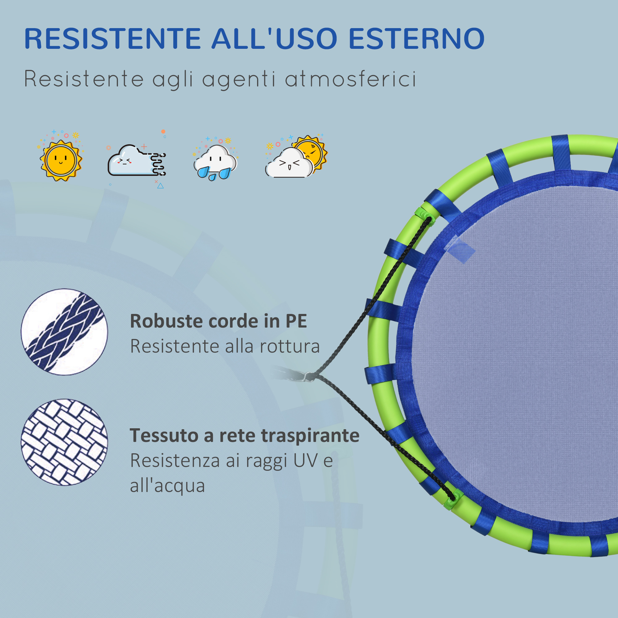 Altalena per bambini da 3-8 anni da giardino ø100cm e corde regolabili, blu - 