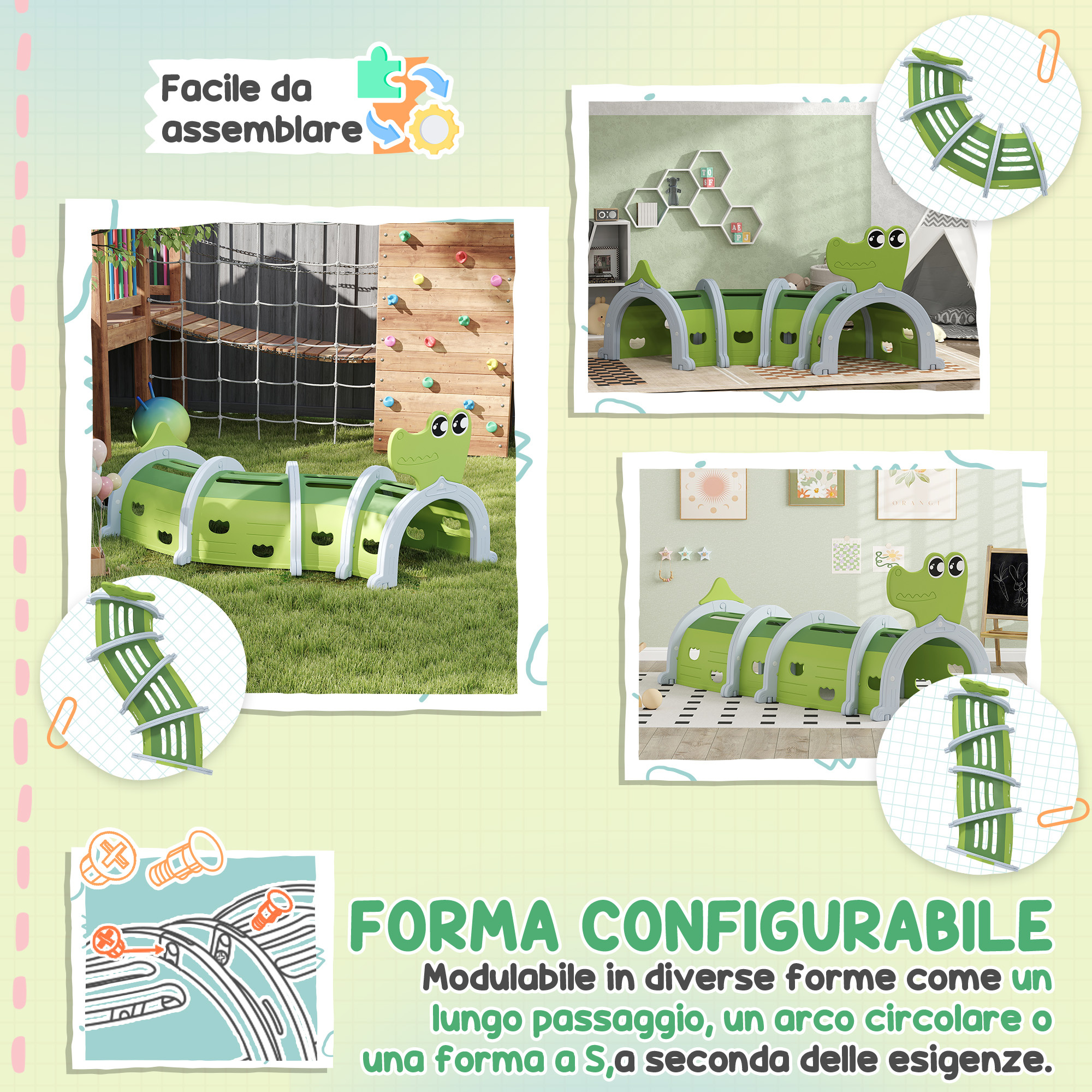 Tunnel per bambini 3-6 anni a forma di coccodrillo, gioco per interno ed esterno in plastica, verde - 