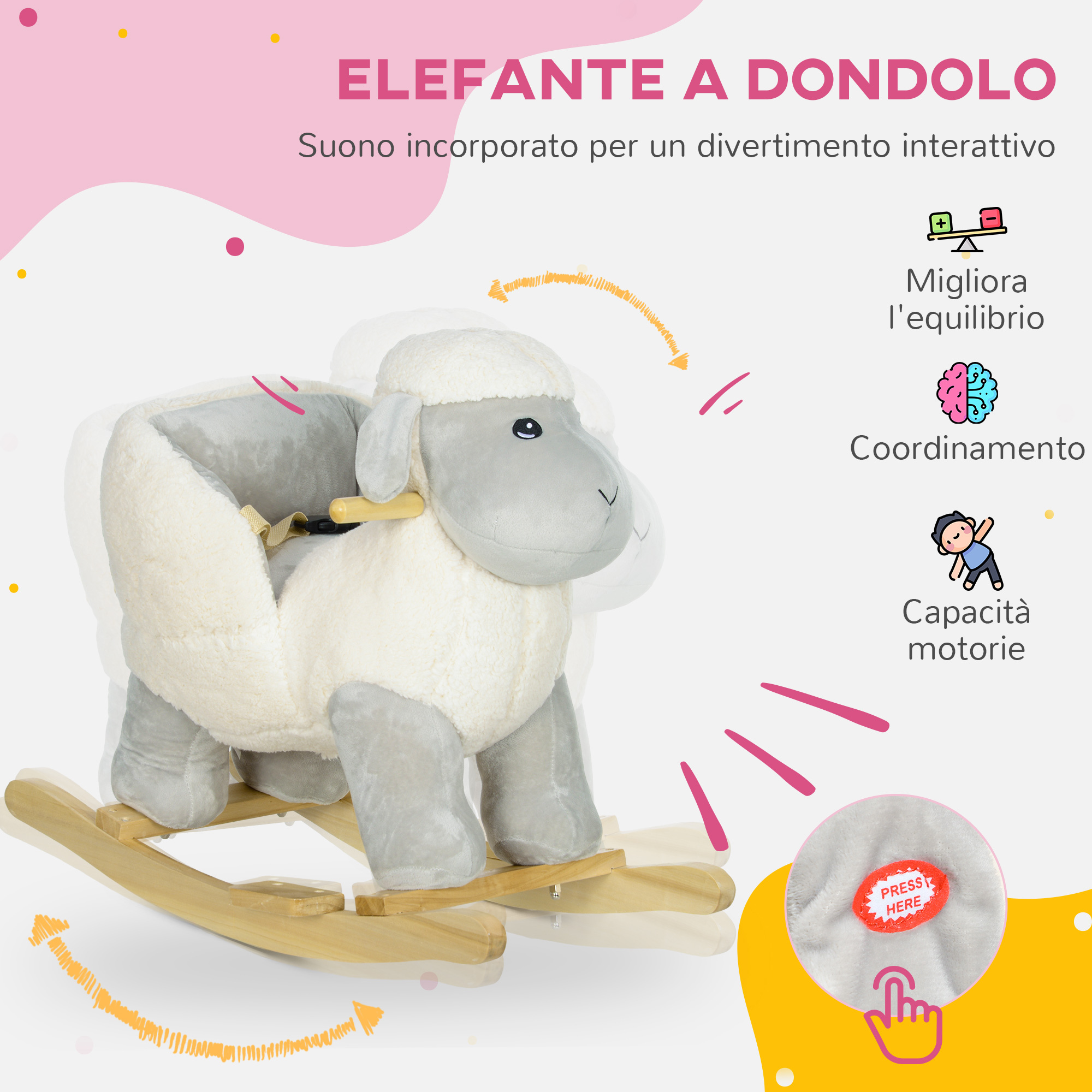 Cavallo a dondolo per bambini 18-36 mesi a forma di pecorella con suoni e rivestimento morbido, grigio - 