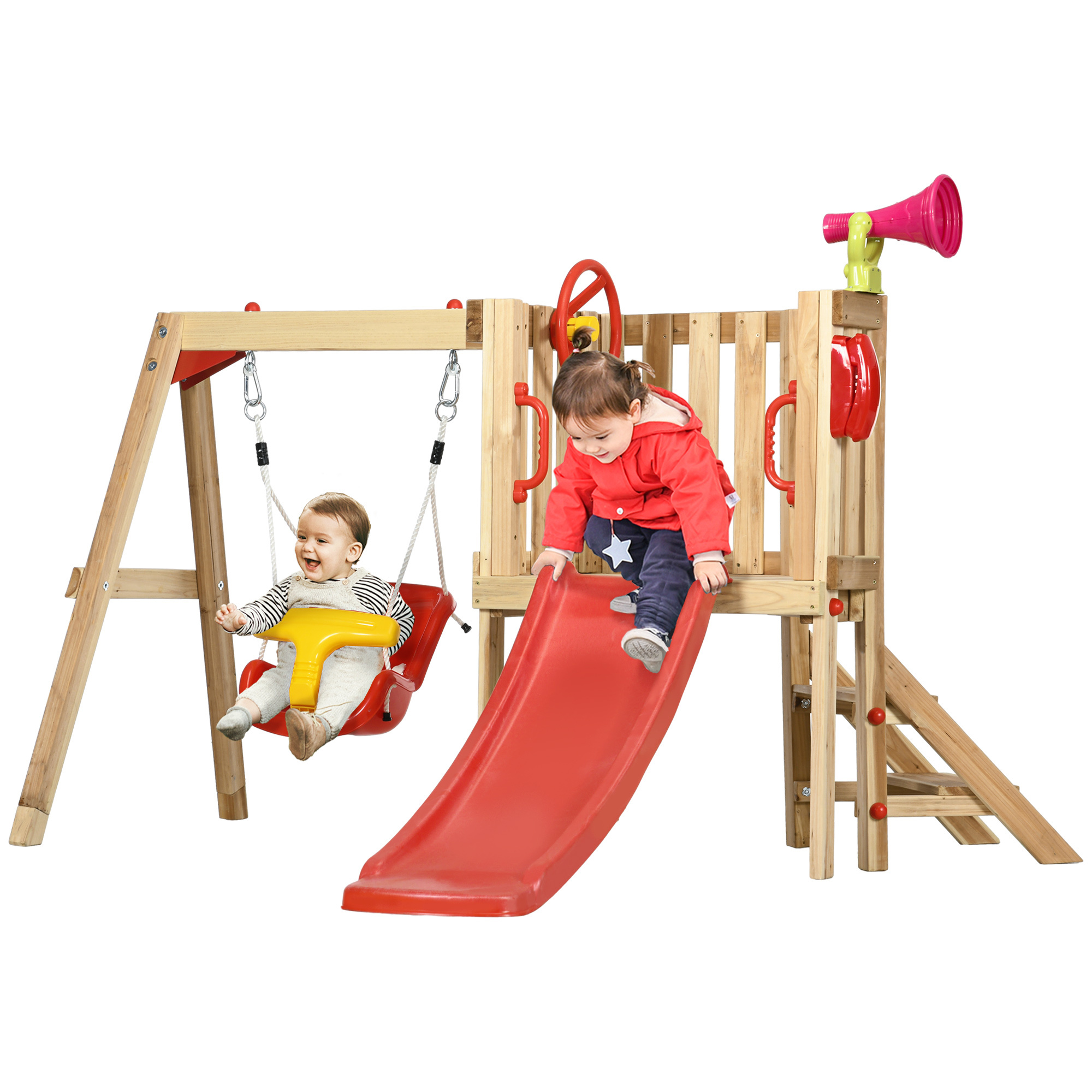 Set con scivolo e altalena da giardino per bambini età 18-48 mesi, in legno e plastica, rosso - 