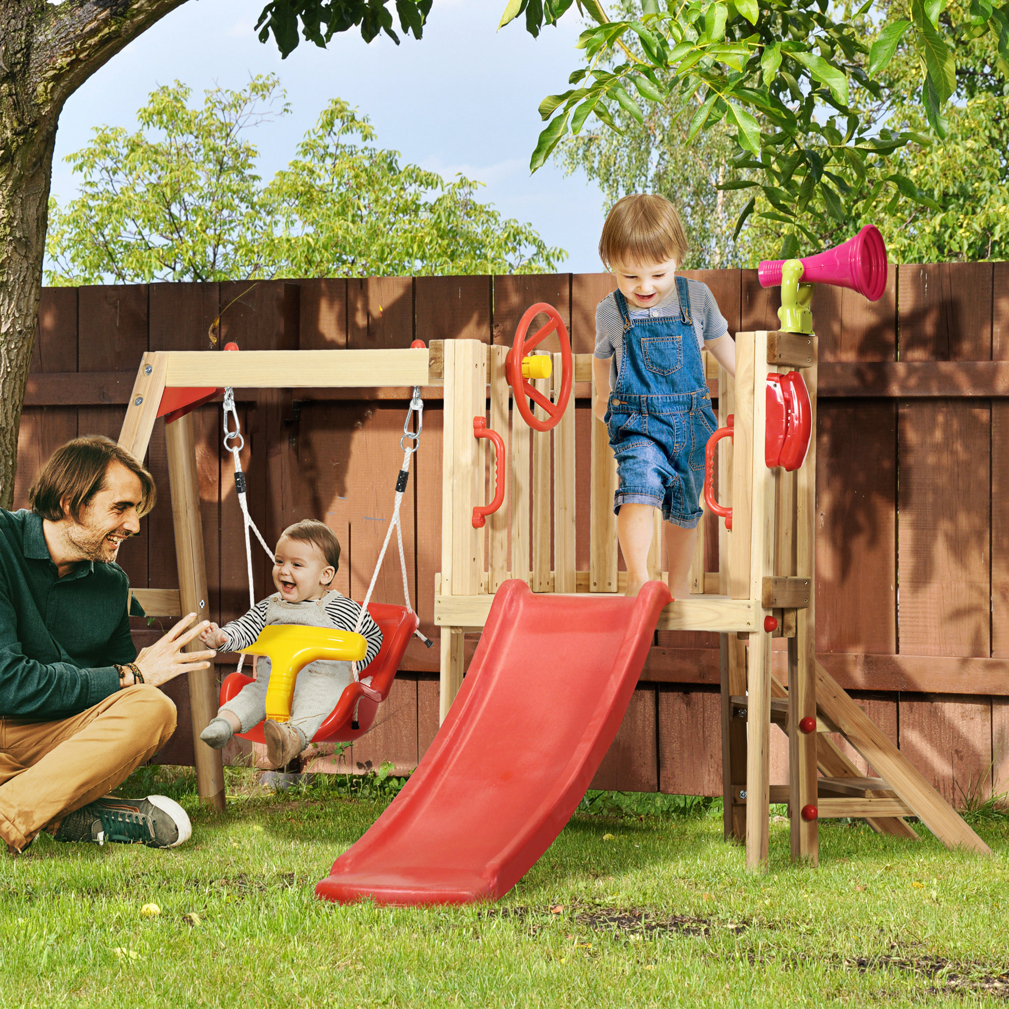 Set con scivolo e altalena da giardino per bambini età 18-48 mesi, in legno e plastica, rosso - 