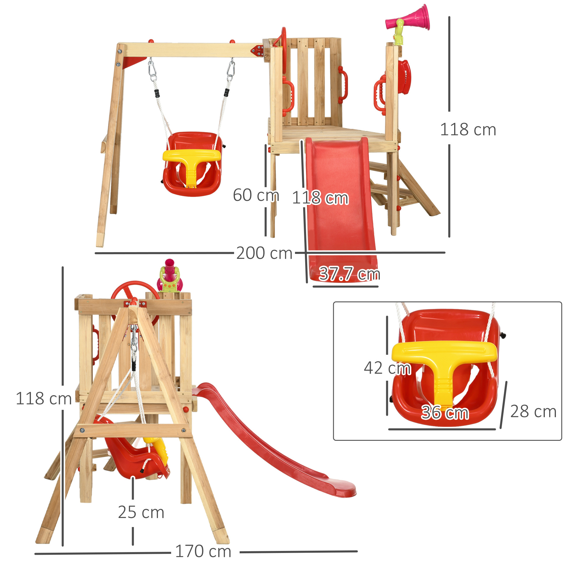 Set con scivolo e altalena da giardino per bambini età 18-48 mesi, in legno e plastica, rosso - 