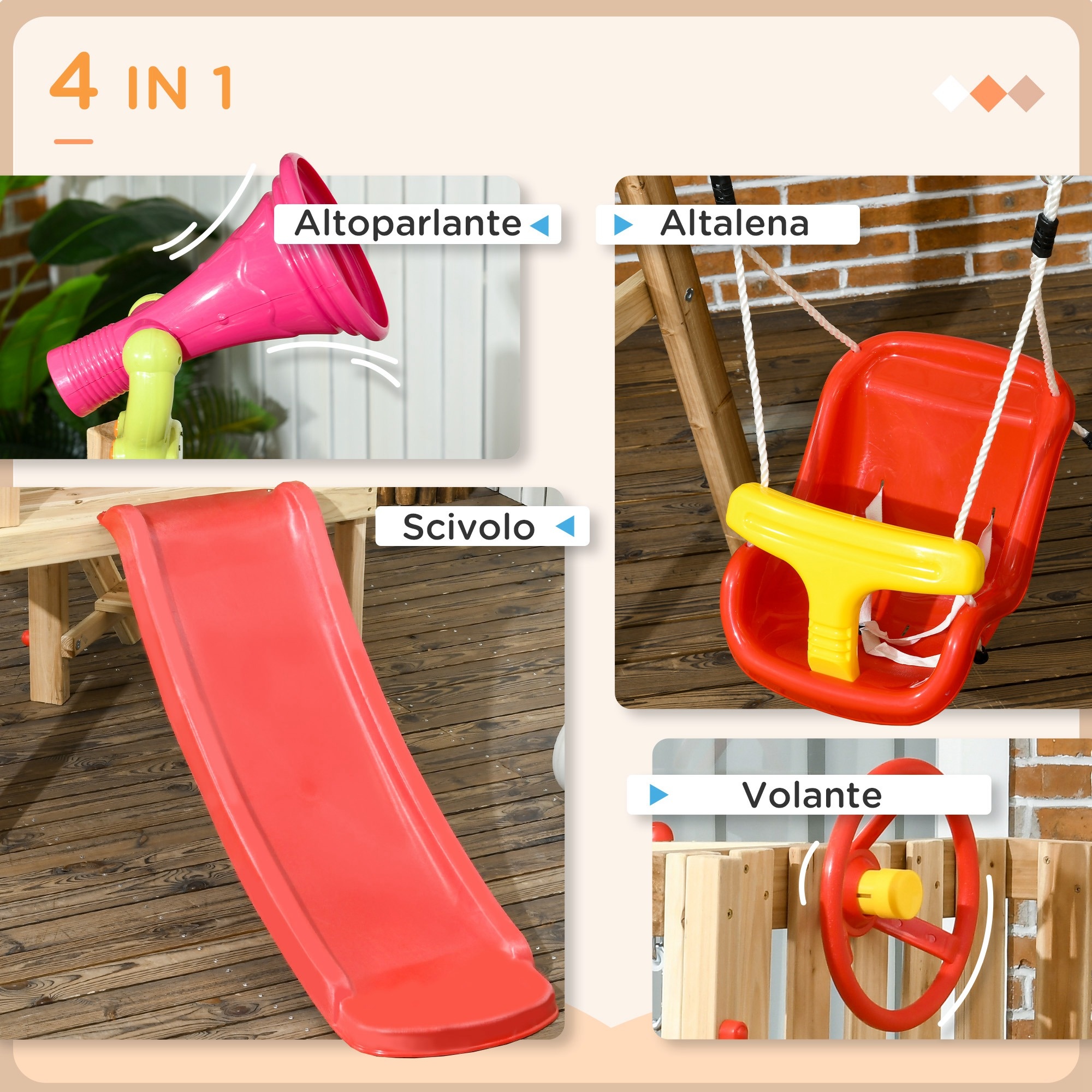 Set con scivolo e altalena da giardino per bambini età 18-48 mesi, in legno e plastica, rosso - 