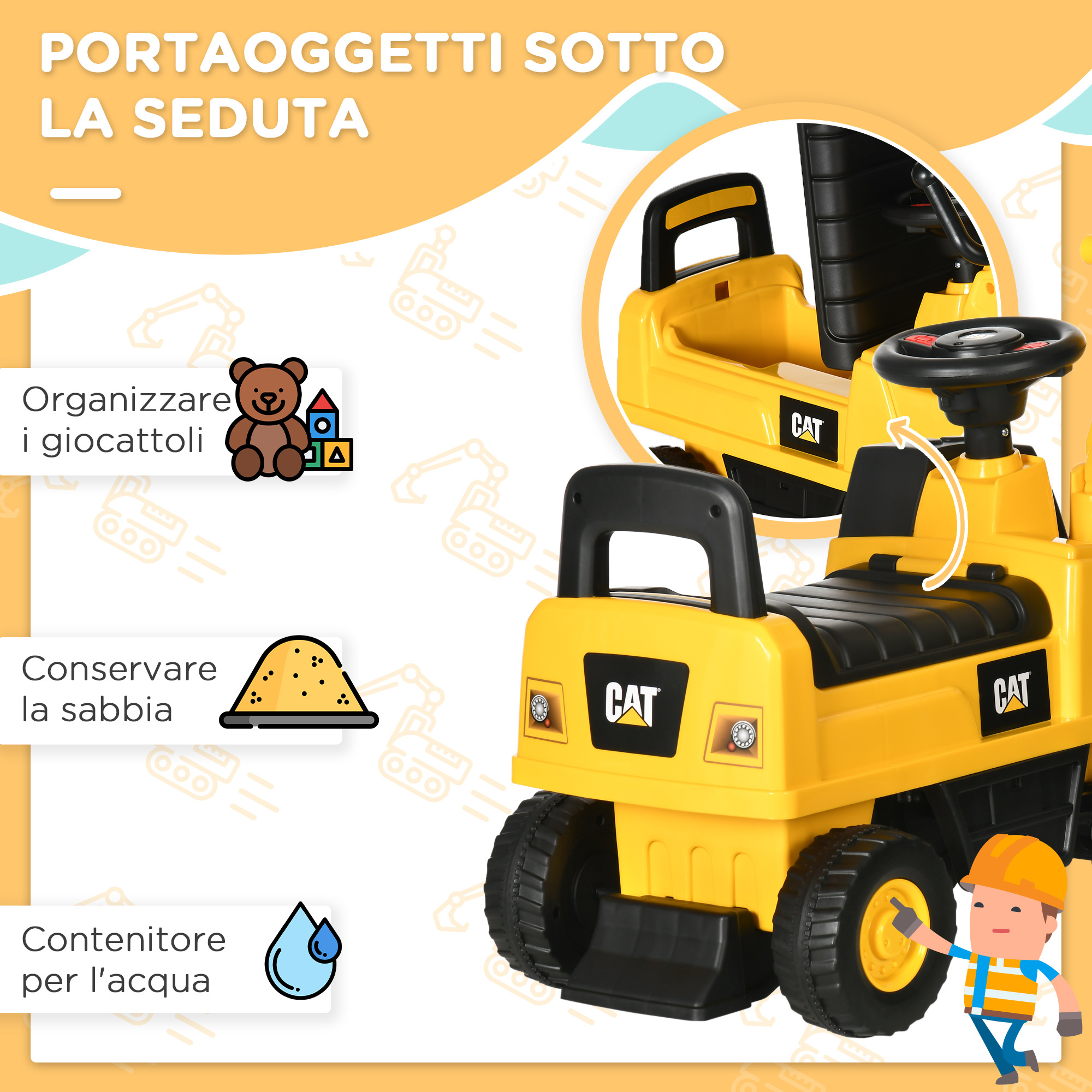 Ruspa giocattolo per bimbi da 1-3 anni con escavatore e contenitore, senza batteria, giallo - 