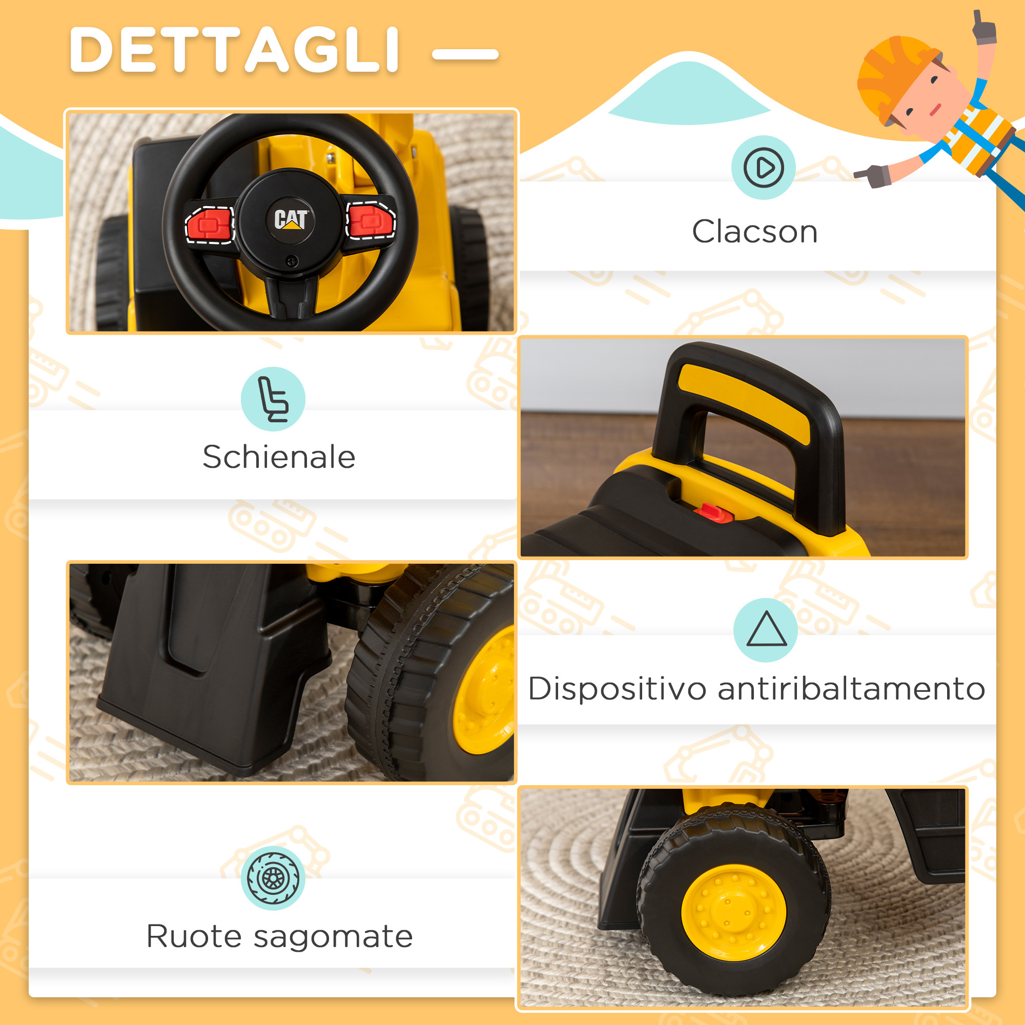 Ruspa giocattolo per bimbi da 1-3 anni con escavatore e contenitore, senza batteria, giallo - 