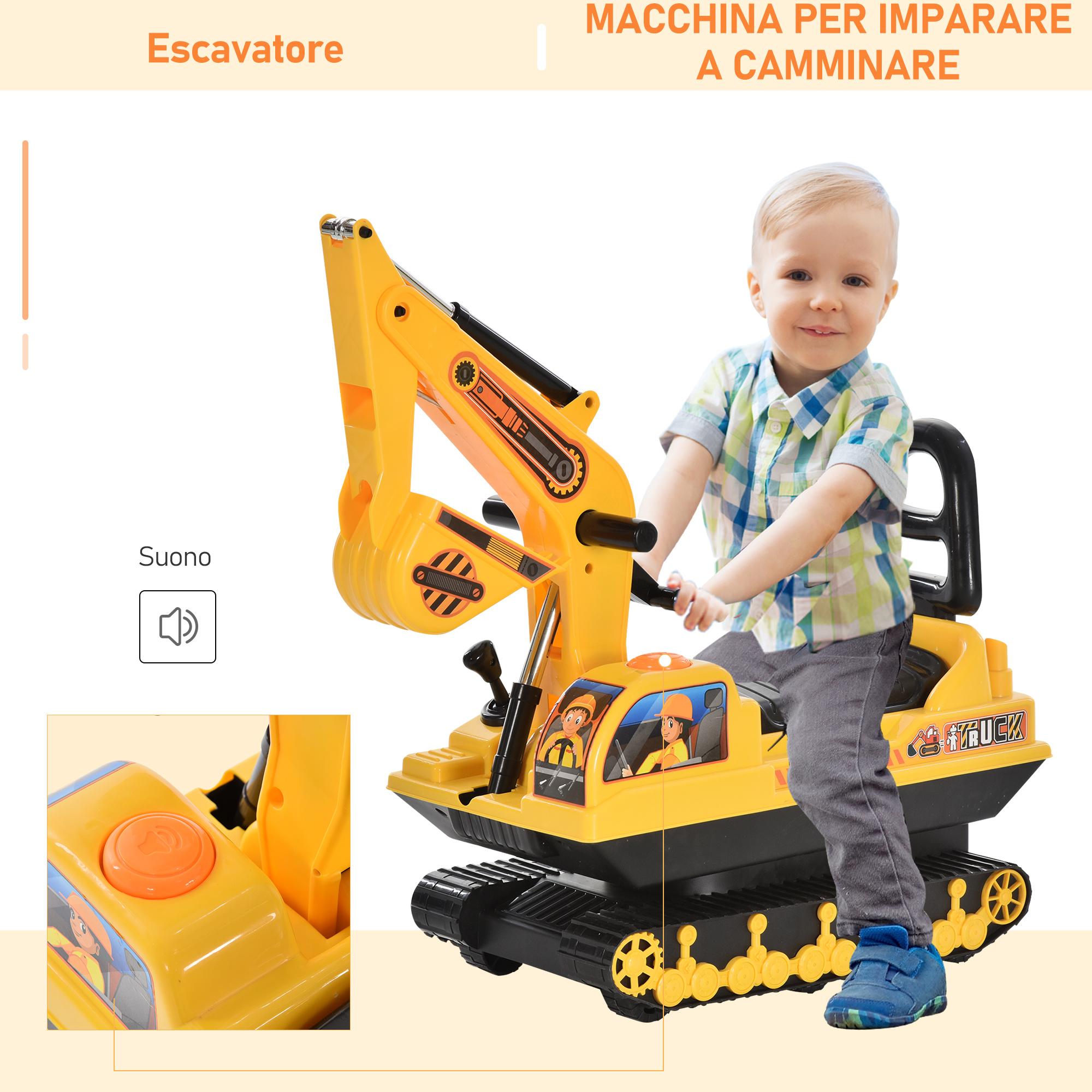 Escavatore ruspa giocattolo cavalcabile per bambini max. 30 kg con schienale, braccio mobile e vano contenitore, 78x24x58.5cm - 