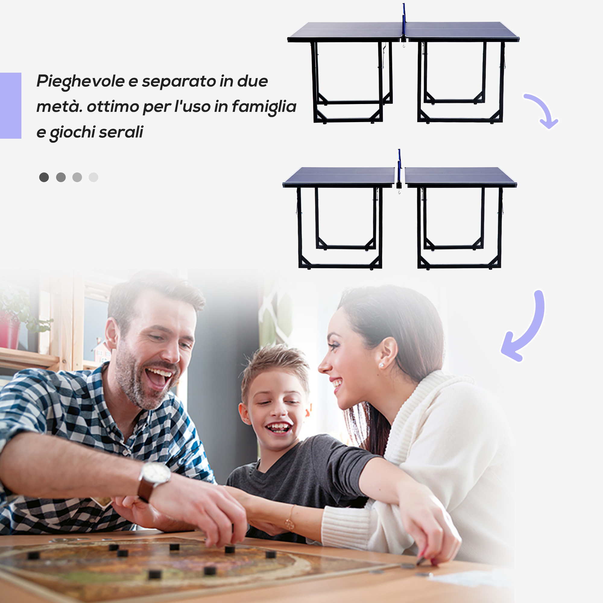 Tavolo da ping pong pieghevole e salvaspazio con rete da gioco per interno, in acciaio e mdf, 182x91x76cm, blu - 