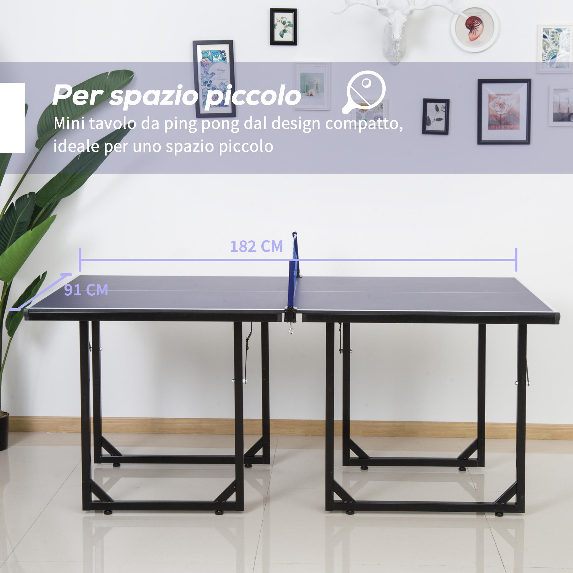 Tavolo da ping pong pieghevole e salvaspazio con rete da gioco per interno, in acciaio e mdf, 182x91x76cm, blu - 