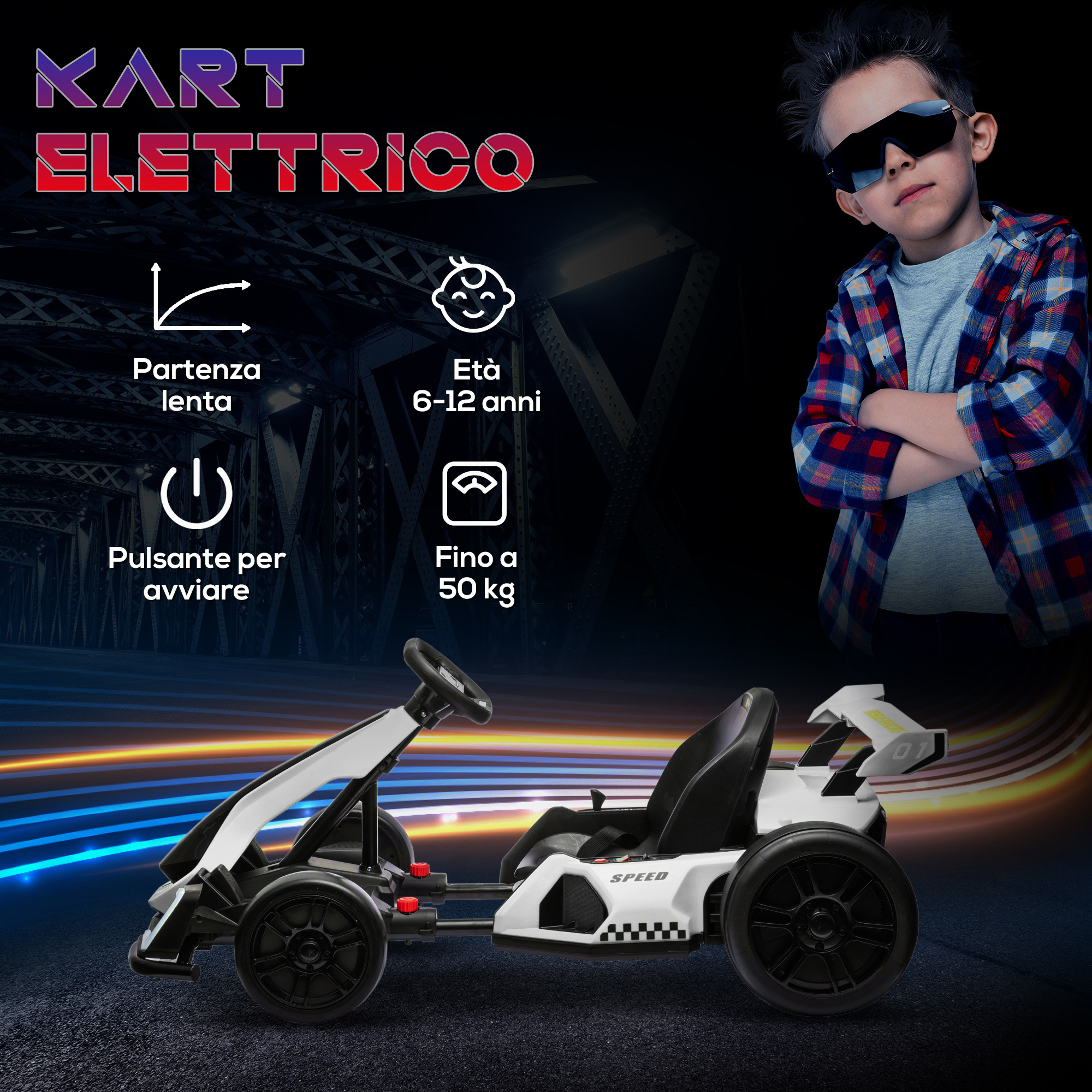Go kart elettrico per bambini 6-12 anni 24v 12km/h con seggiolino regolabile, bianco - 