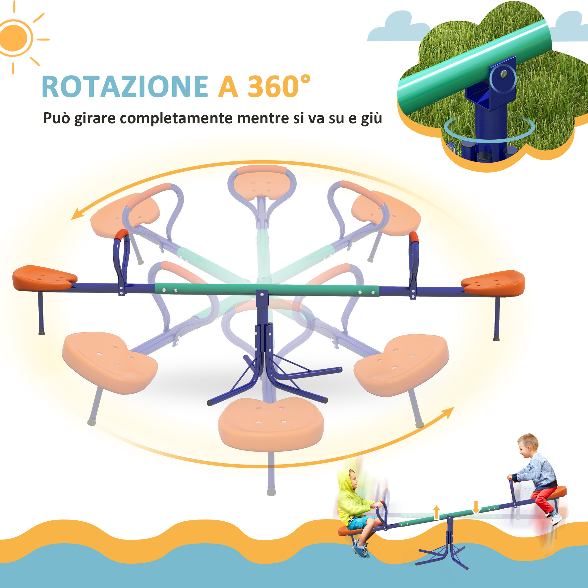 Altalena a bilico per bambini 3-8 anni con rotazione a 360°, in acciaio e pp, 192x60x60 cm - 