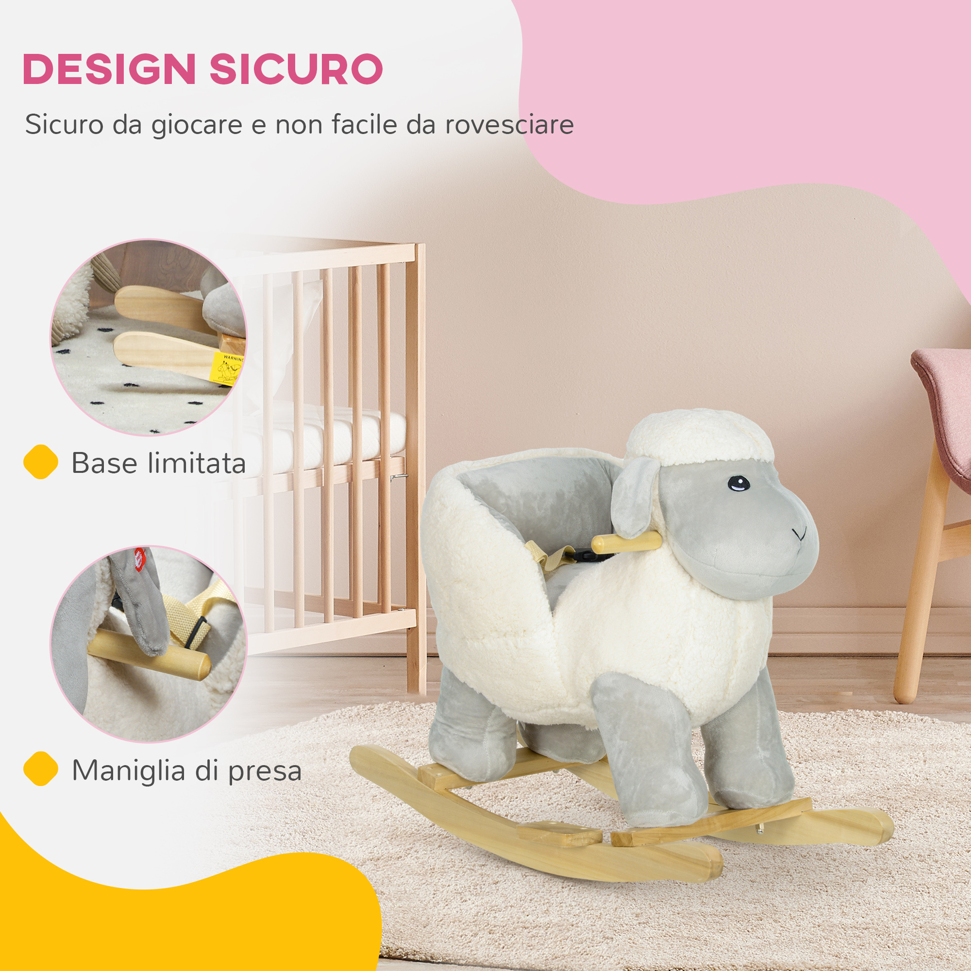 Cavallo a dondolo per bambini 18-36 mesi a forma di pecorella con suoni e rivestimento morbido, grigio - 