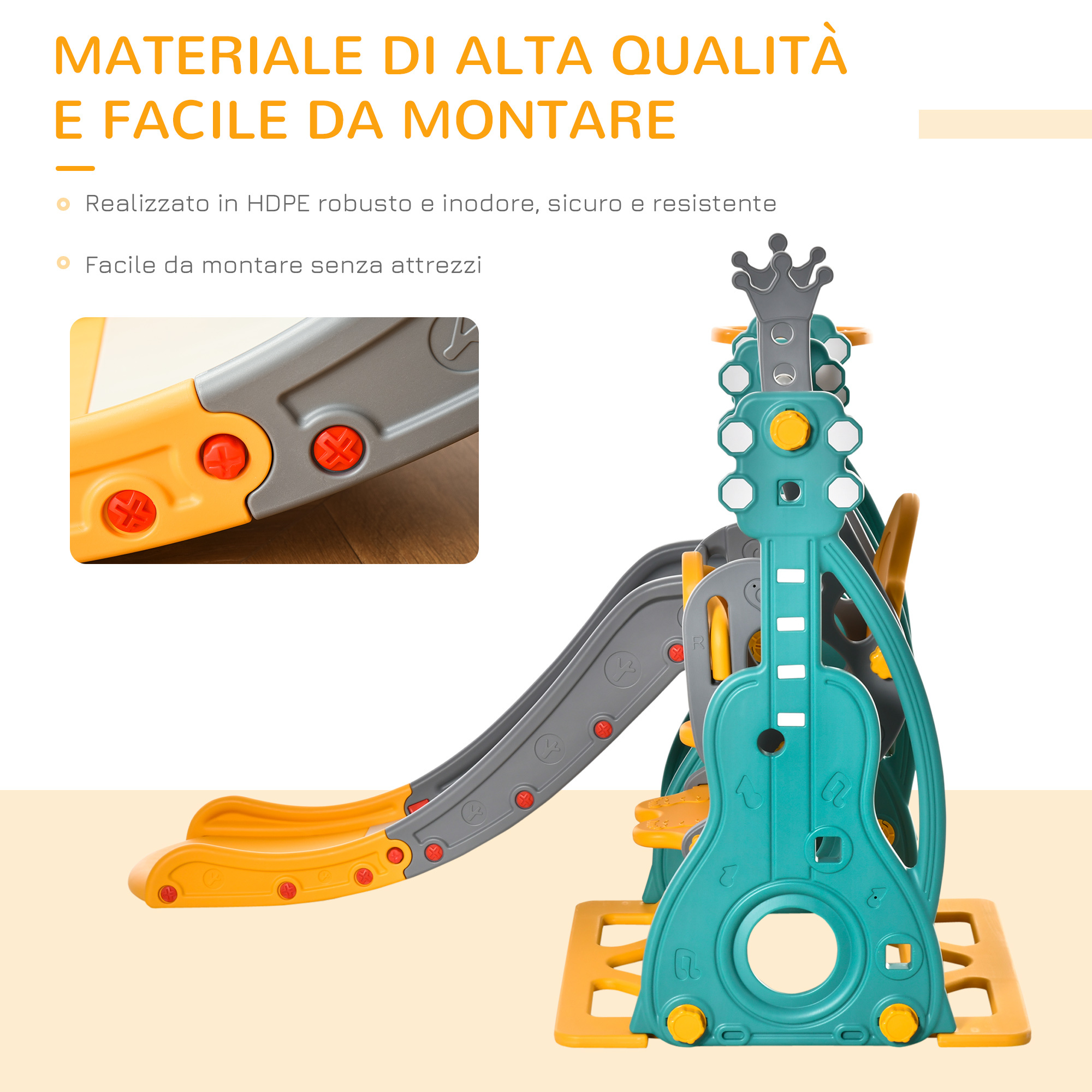 Scivolo 3 in 1 per bambini con altalena regolabile, canestro e palle per cameretta e giardino, 152x149x107cm, blu, grigio, giallo - 