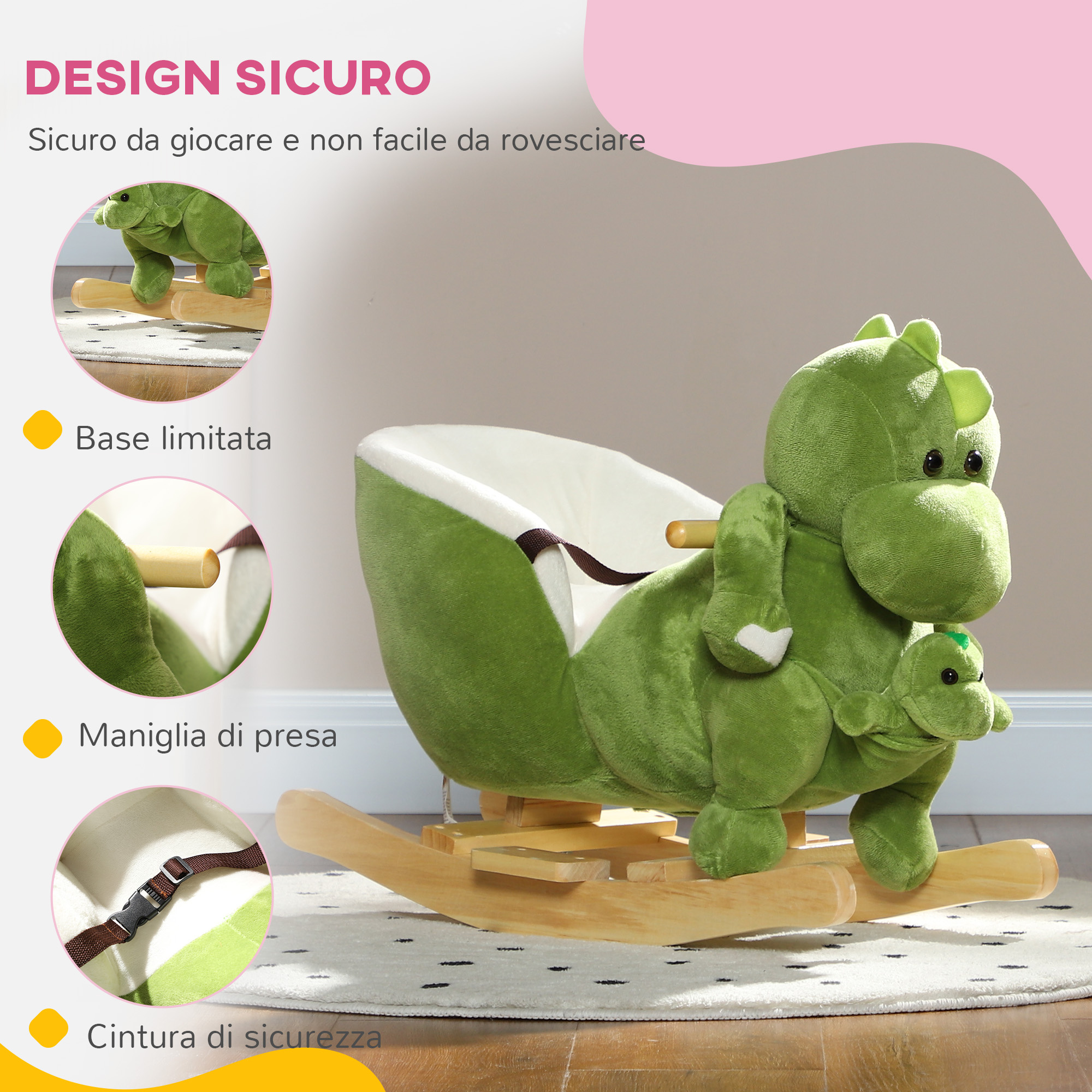 Cavallo a dondolo per bambini 18-36 mesi a dinosauro con suoni e rivestimento morbido, verde - 