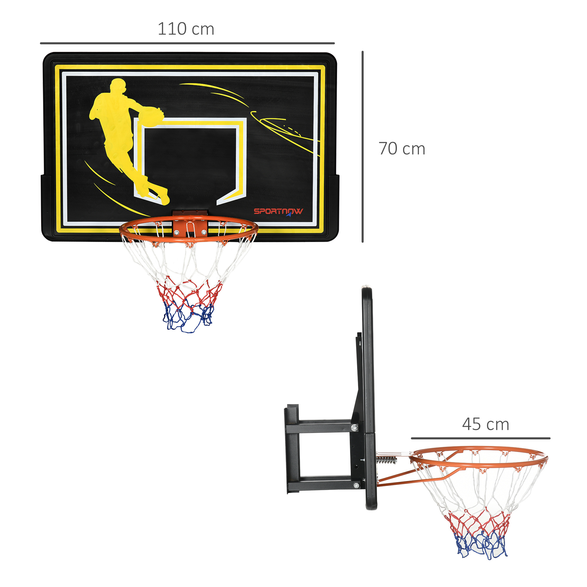 Canestro basket per bambini e adulti da indoor e outdoor in acciaio e pe, 110x90x70 cm, nero e giallo - 