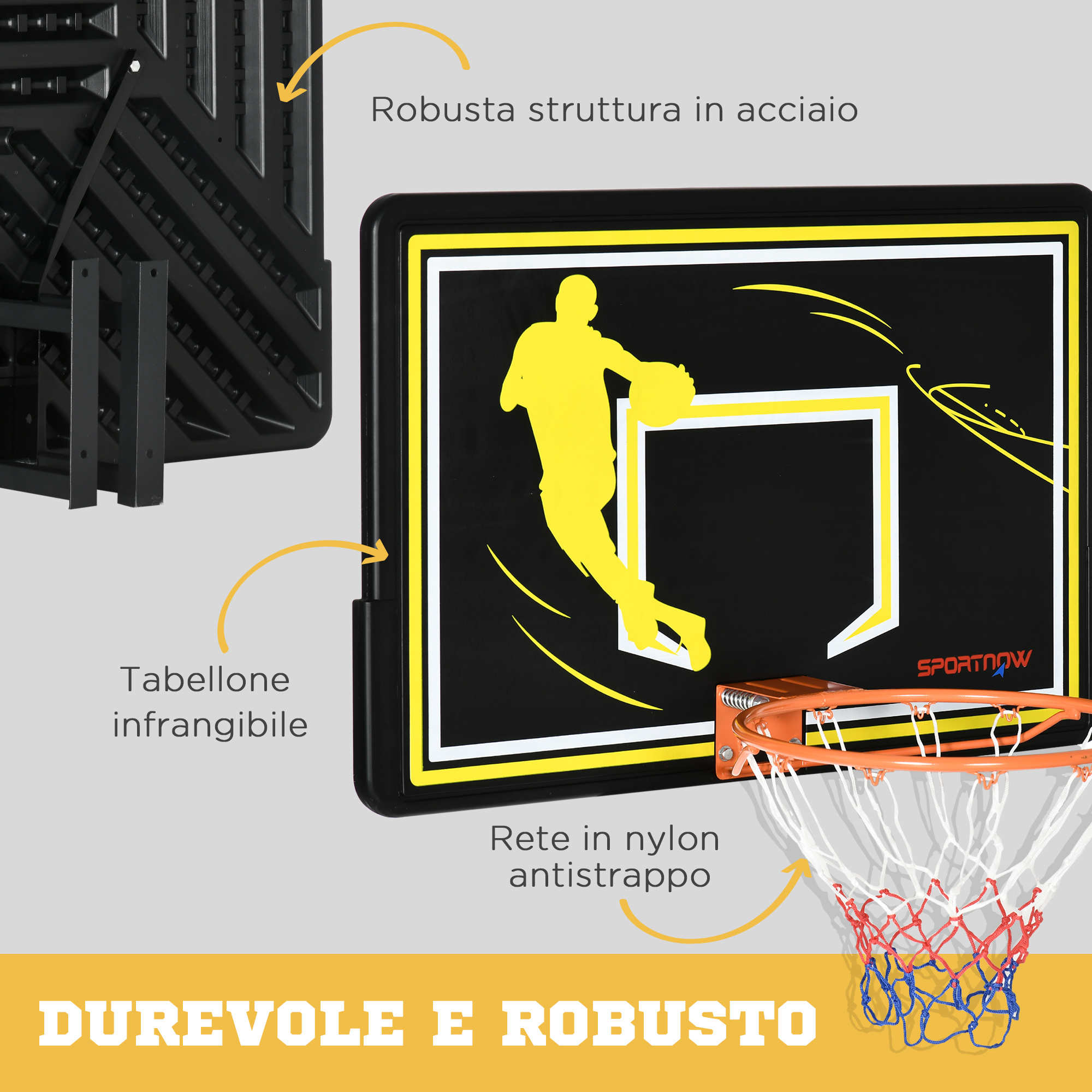 Canestro basket per bambini e adulti da indoor e outdoor in acciaio e pe, 110x90x70 cm, nero e giallo - 